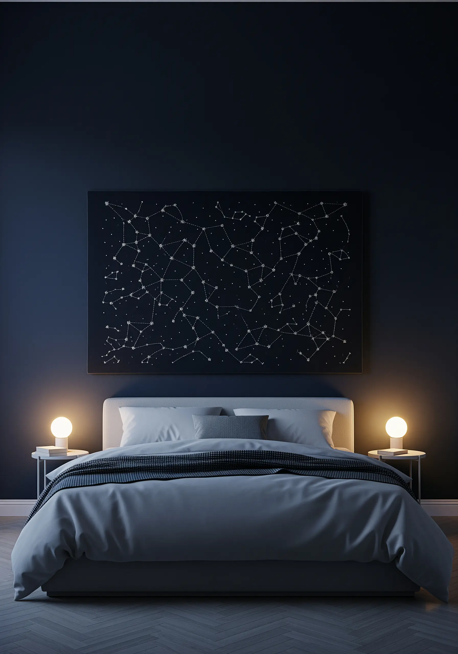 A large black canvas above a bed, embroidered with star constellations in white thread.