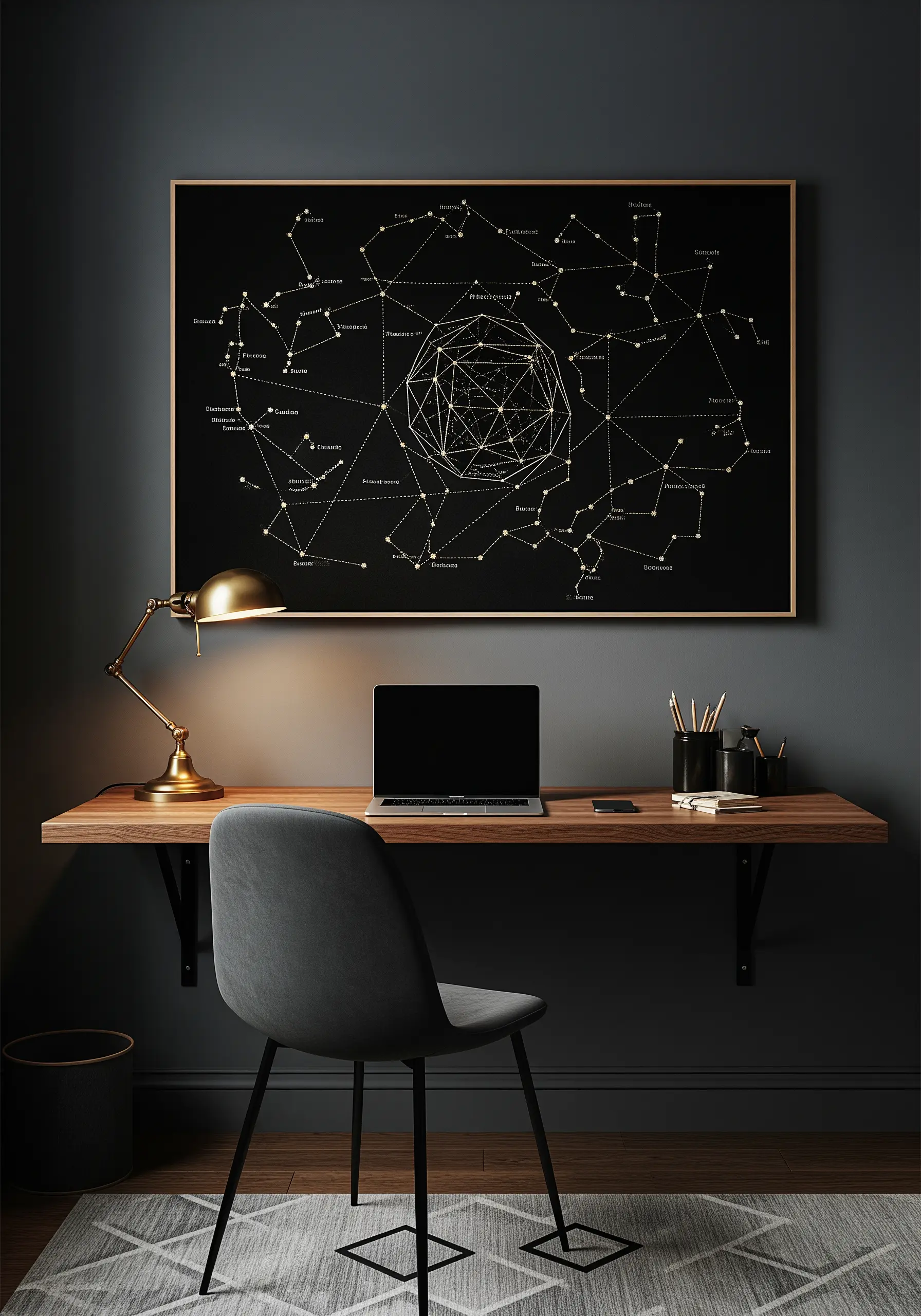 Embroidered constellation map with metallic threads on black fabric in a gold frame.