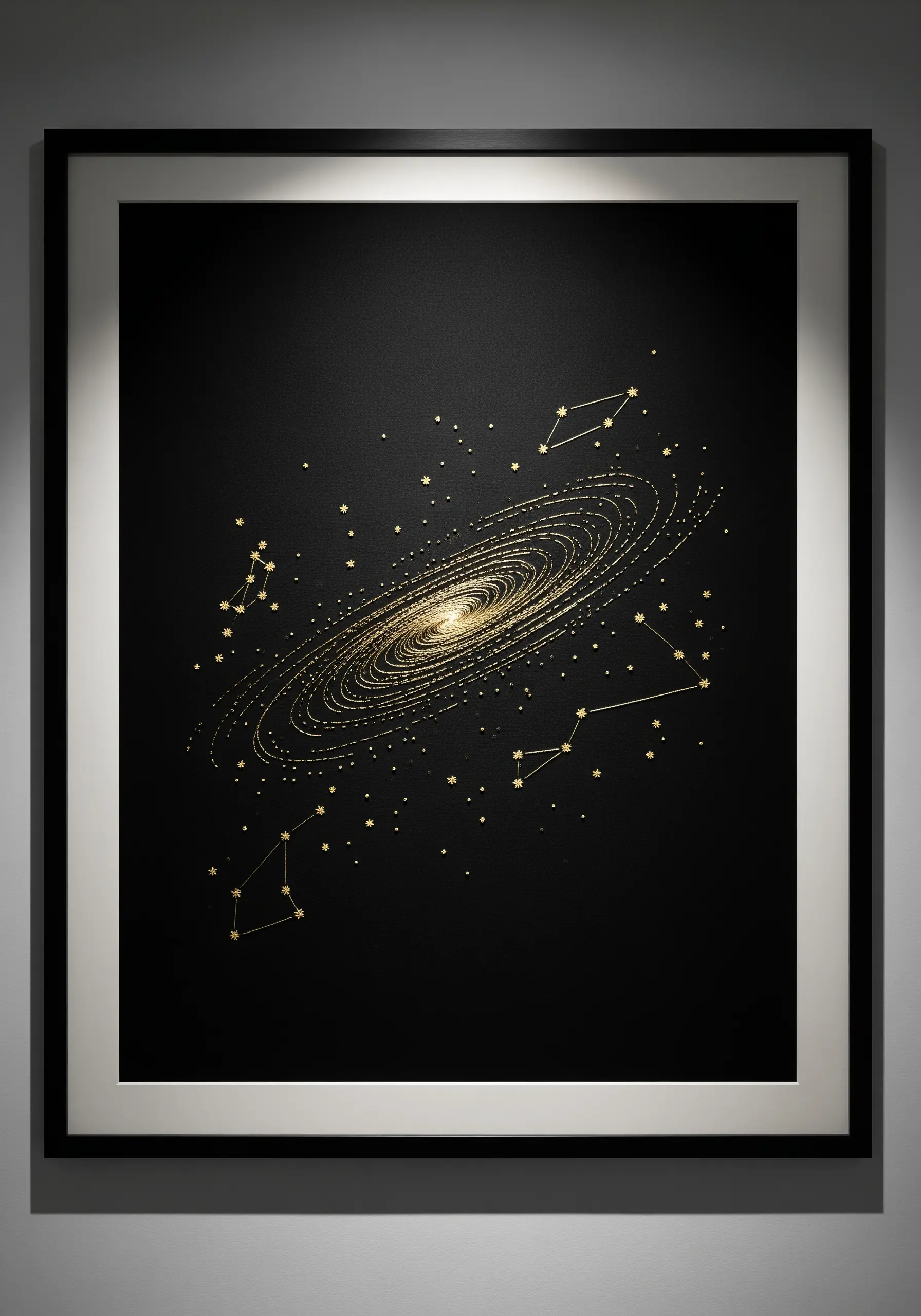 A spiral galaxy and constellations stitched in gold thread on black paper.