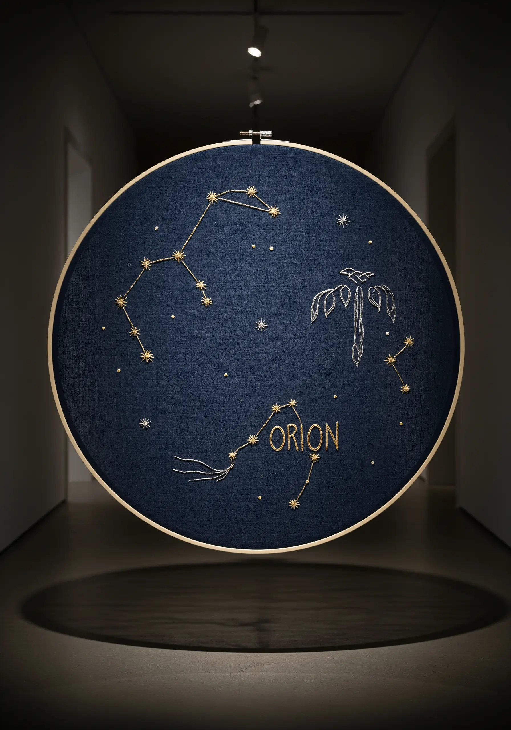 A large embroidery hoop with gold constellations stitched on a dark navy fabric.