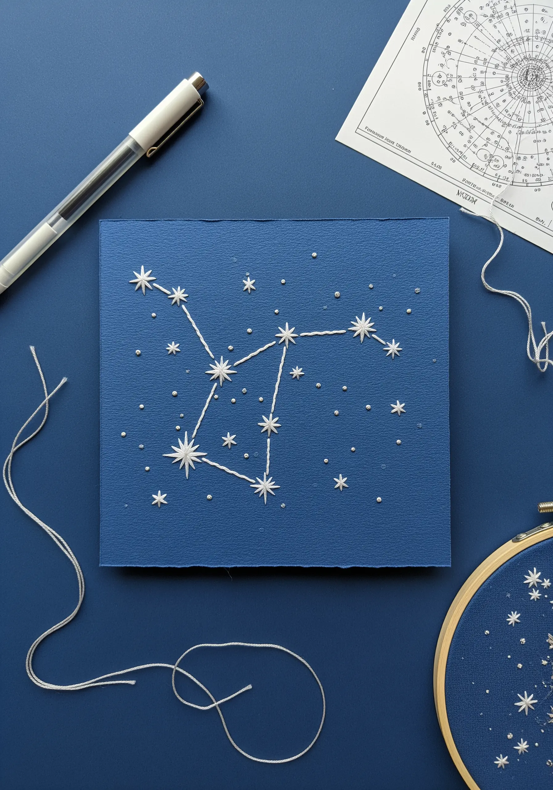 Embroidered constellation map on dark blue paper with star stitches.