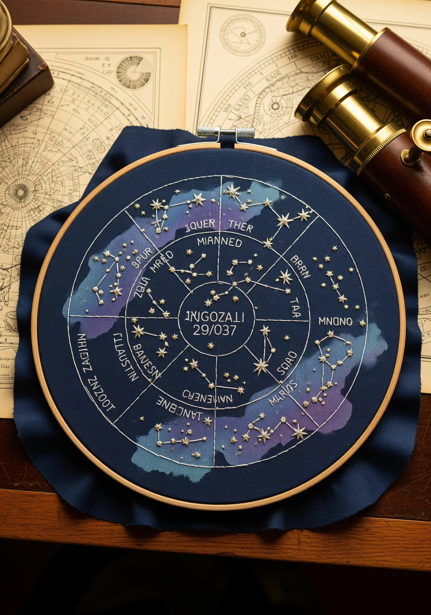 A celestial chart embroidered in white thread on a blue and purple watercolor background.