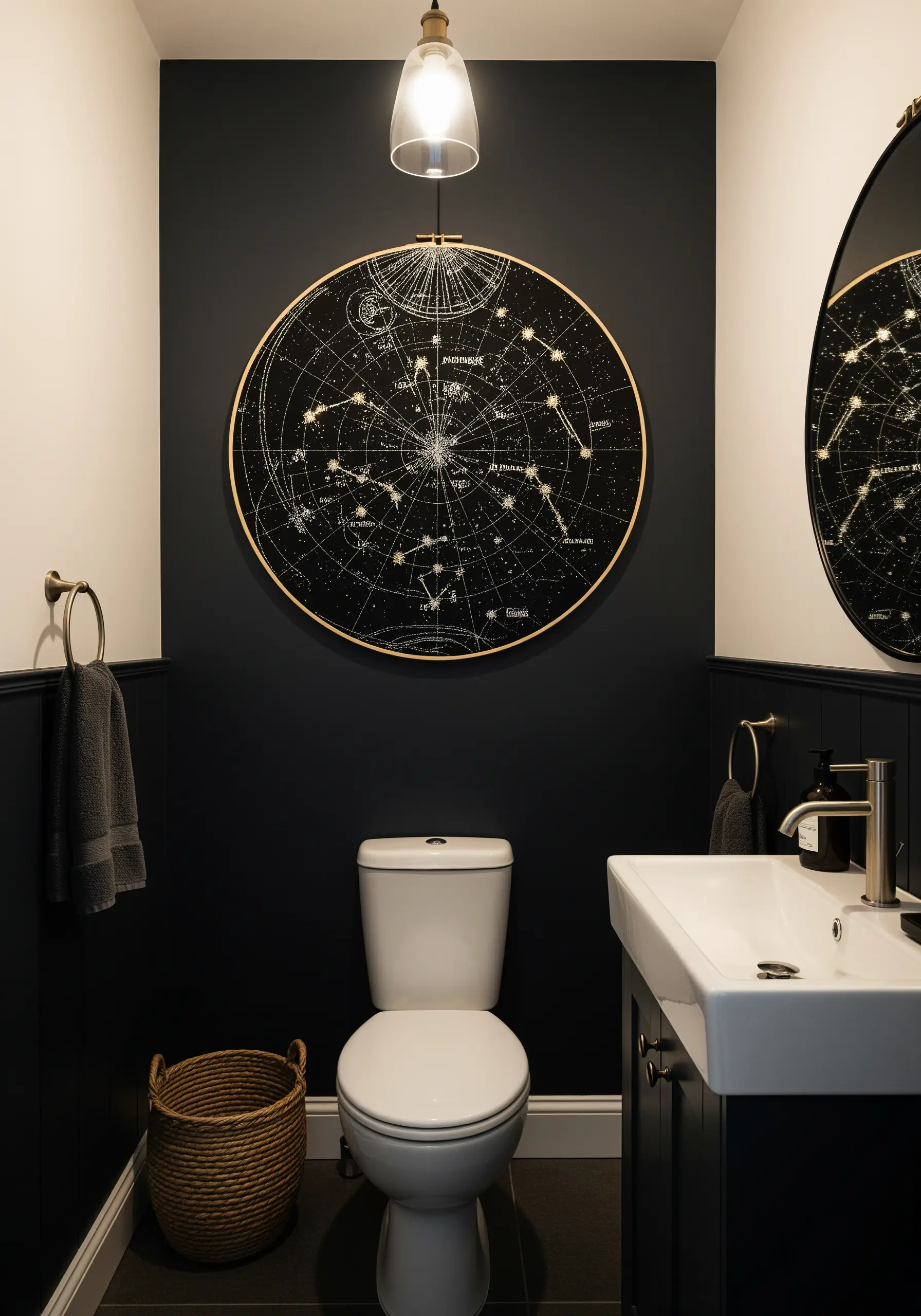 A large, detailed embroidery of a celestial star map on black fabric in a gold hoop.