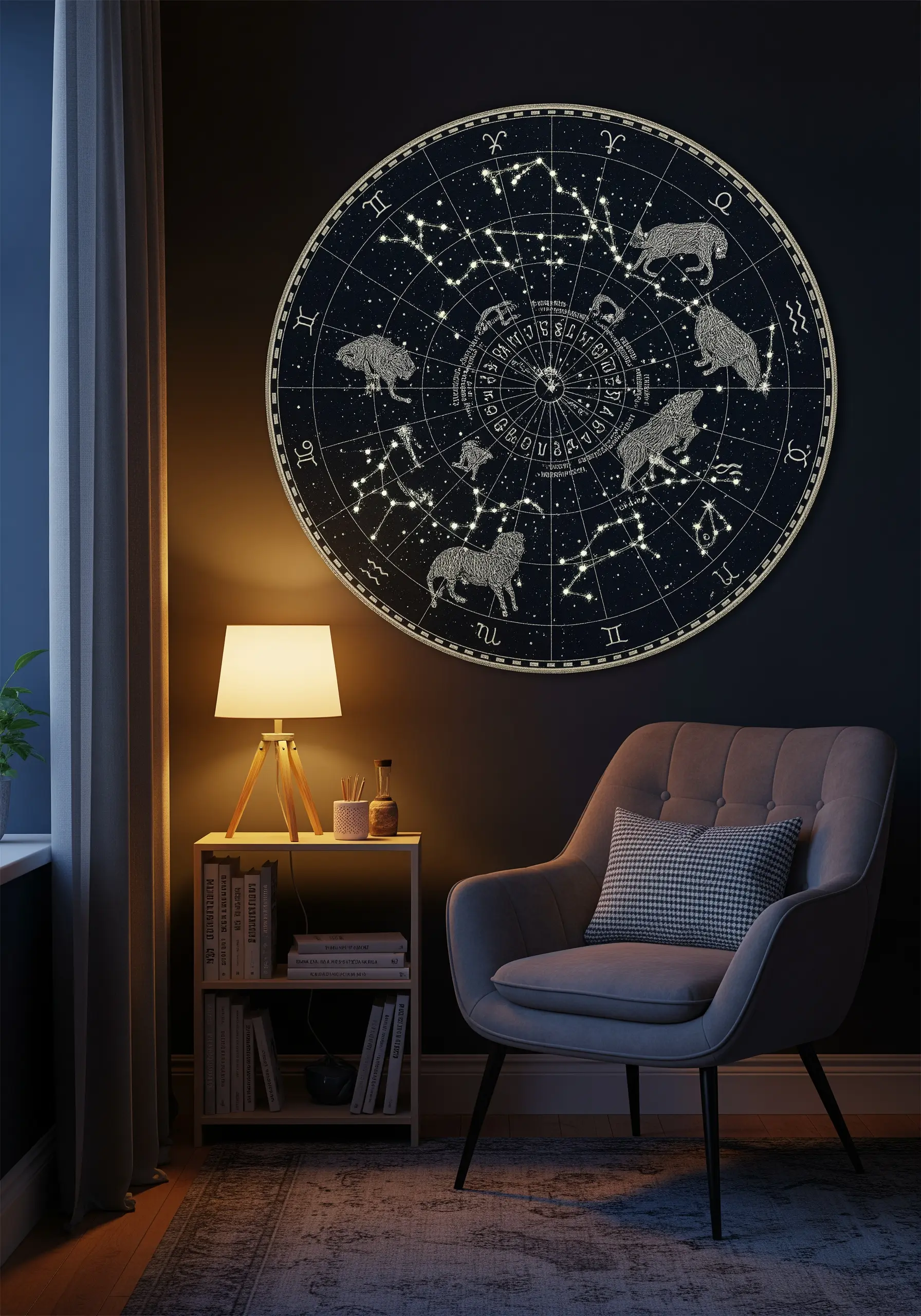 A large, circular zodiac chart embroidered with white thread on black fabric, showing constellations.