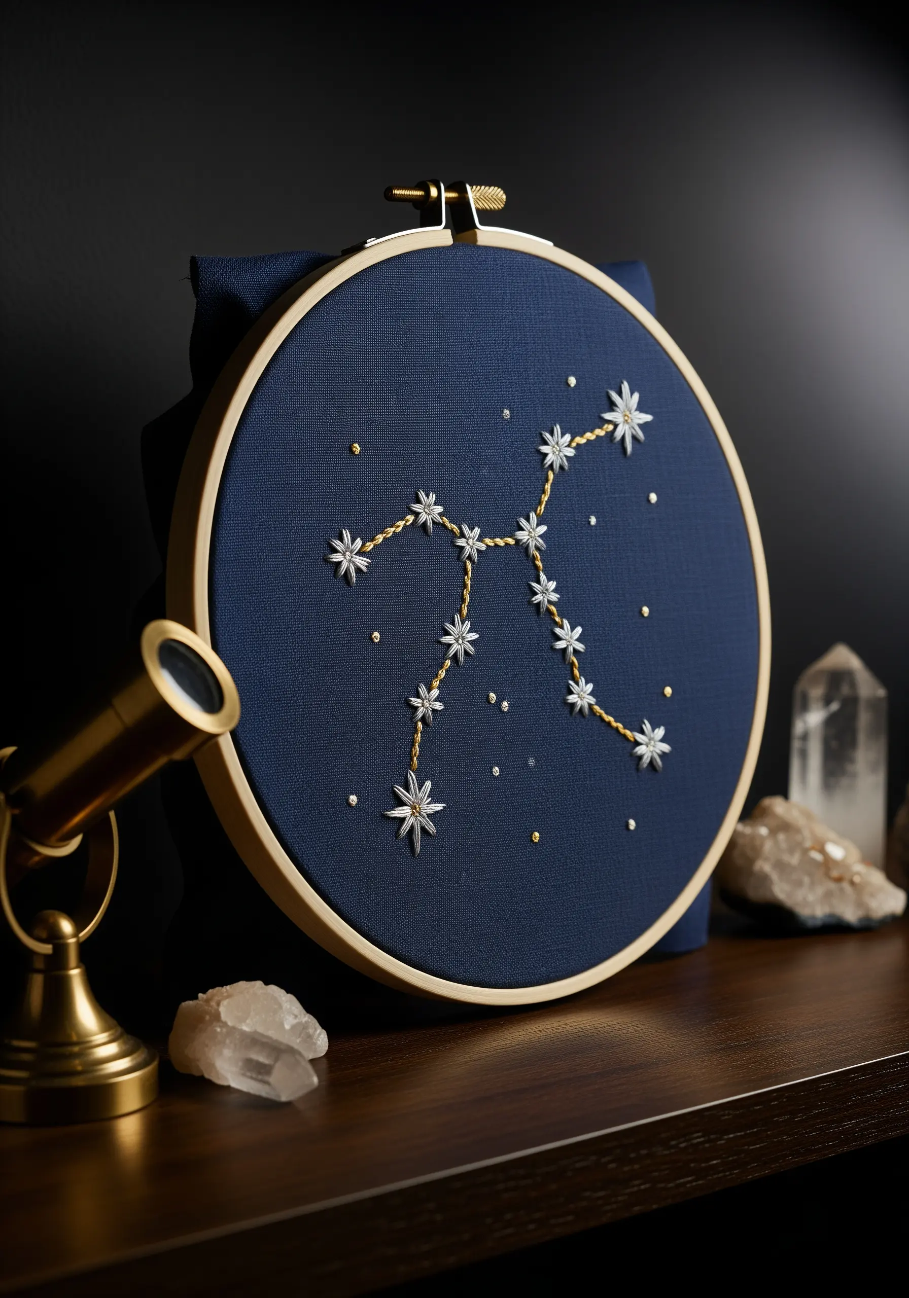 Zodiac constellation embroidered with metallic thread on dark blue fabric in a hoop.