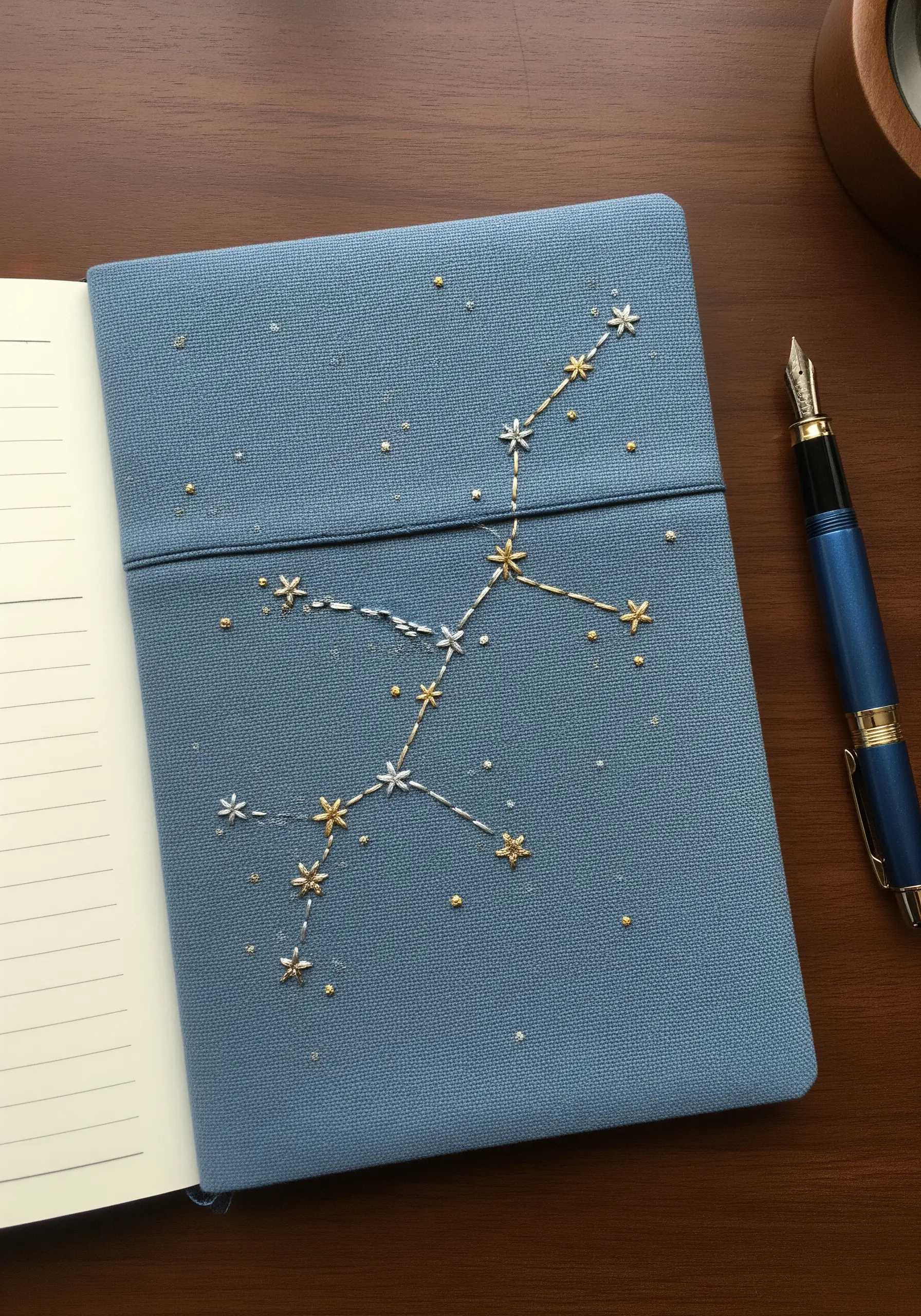 A blue journal cover with a constellation embroidered in gold and silver metallic thread.