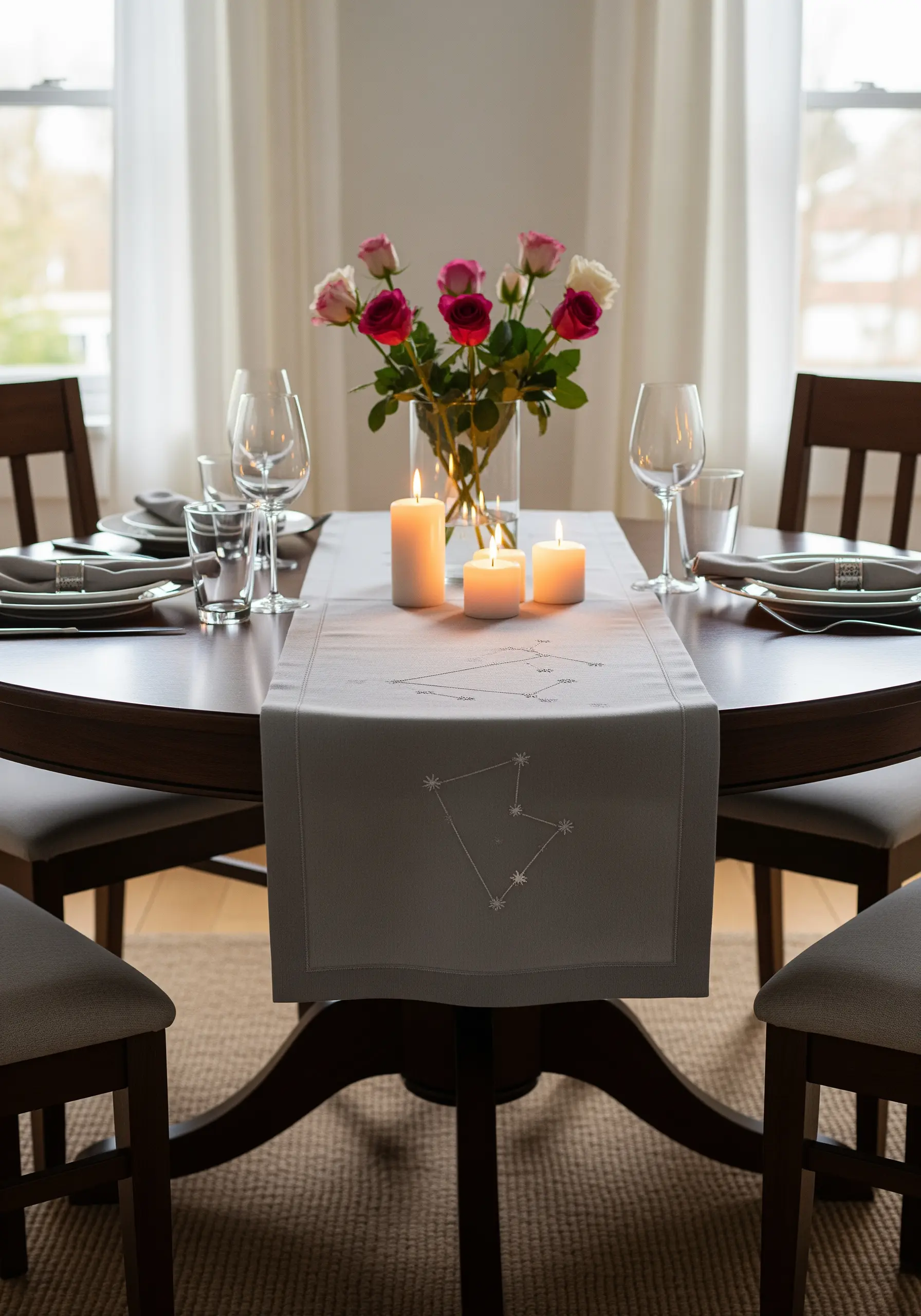 A delicate constellation embroidered in white thread on a gray table runner