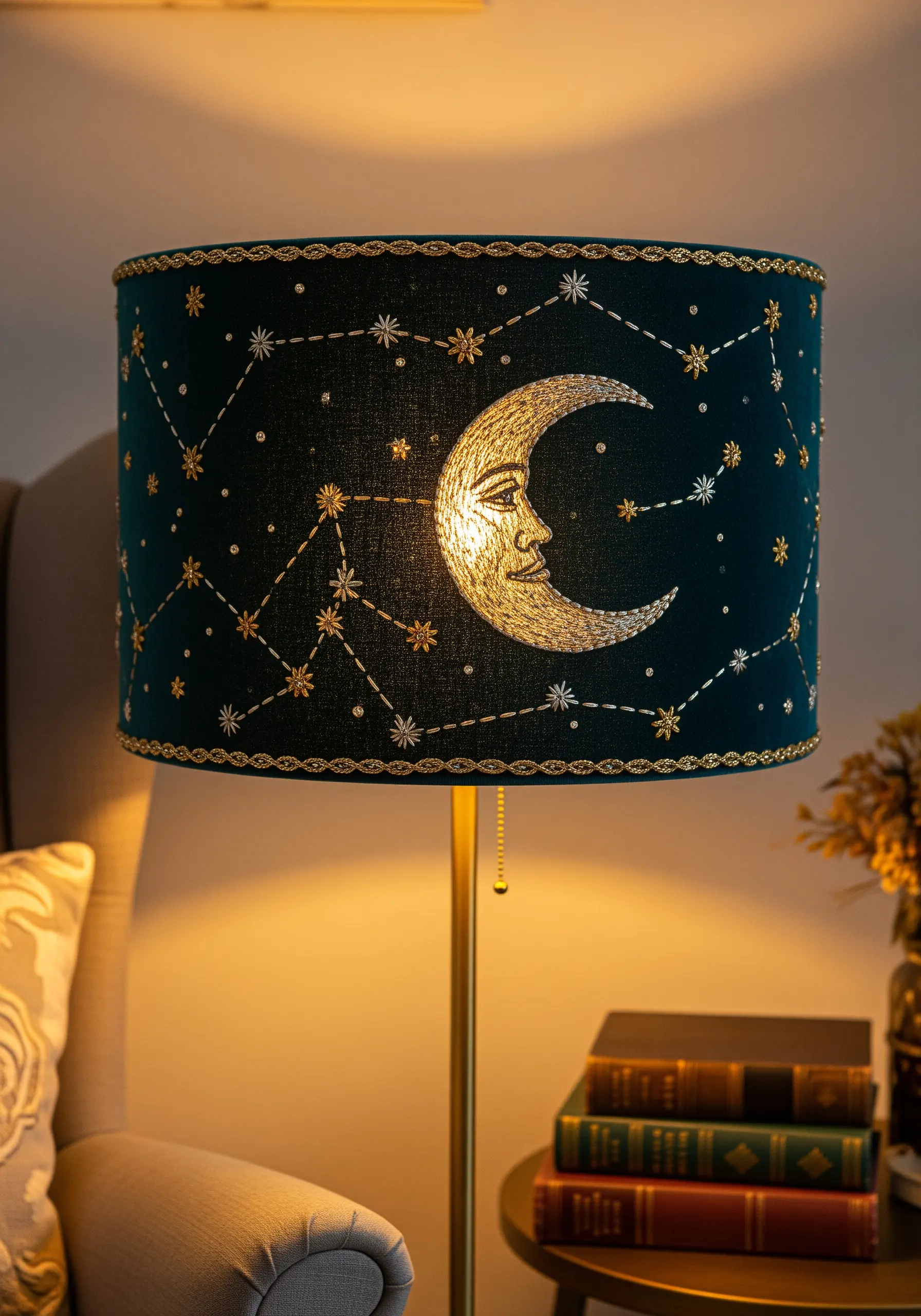 A dark teal lampshade embroidered with a silver crescent moon and gold star constellations.