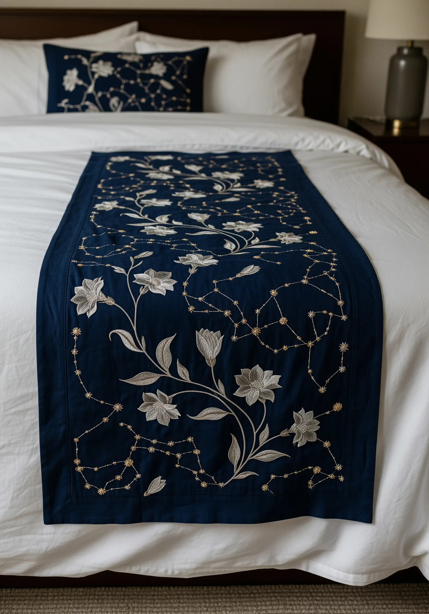 A navy blue bed runner with silver embroidered flowers and gold thread constellation patterns.