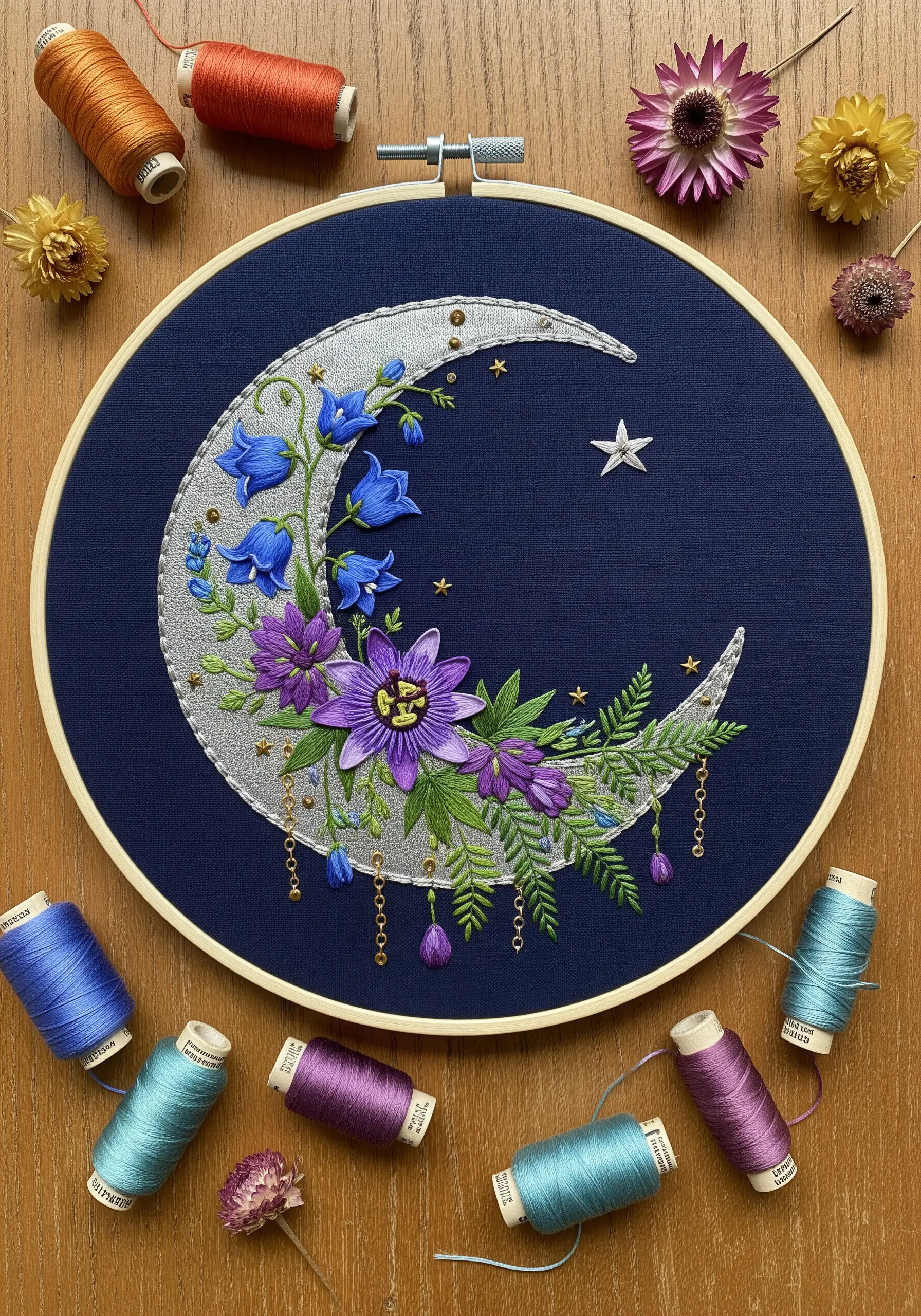 Crescent moon filled with silver thread and adorned with blue and purple flowers on navy fabric.
