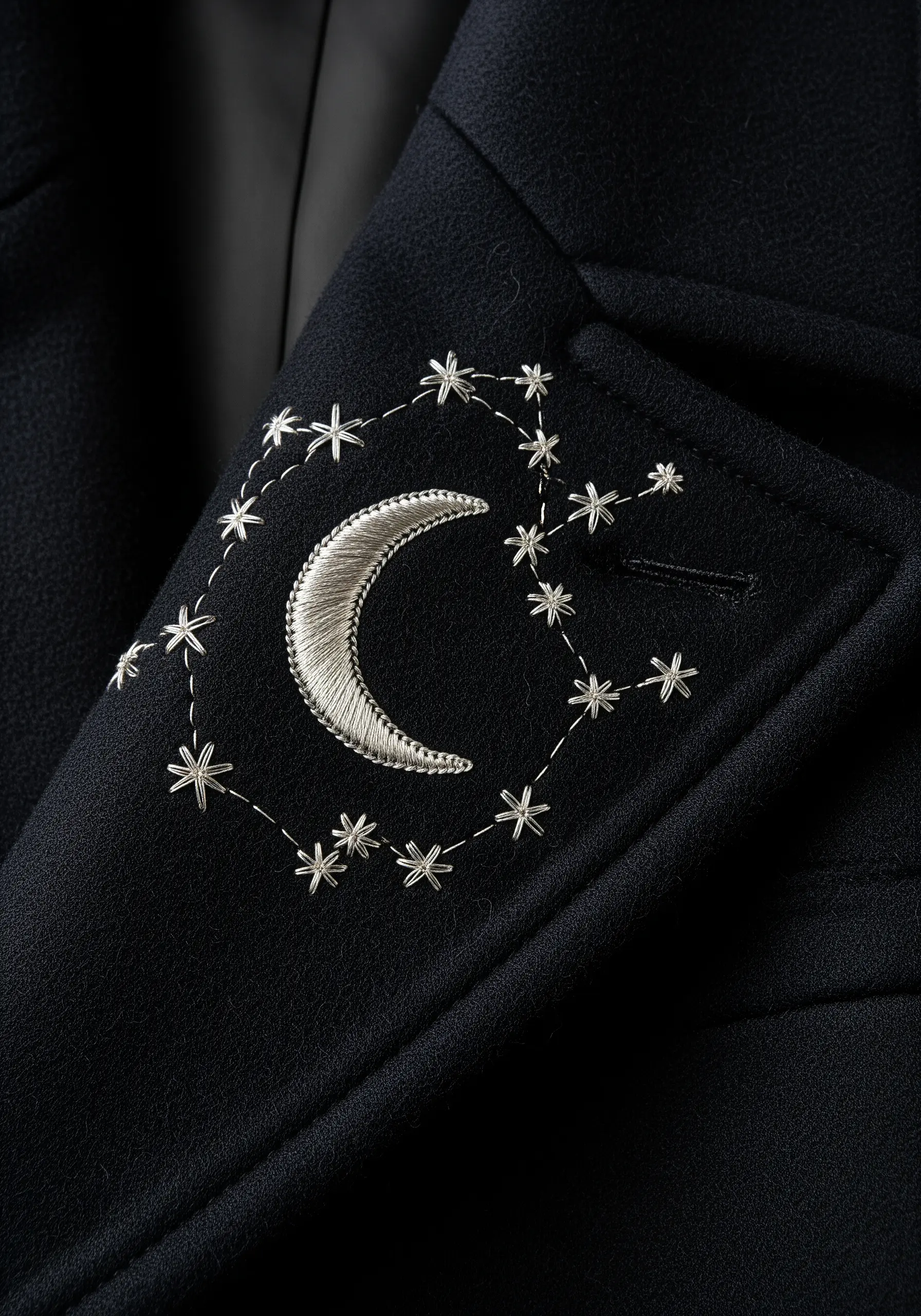 A silver crescent moon surrounded by stitched stars on the dark lapel of a coat.