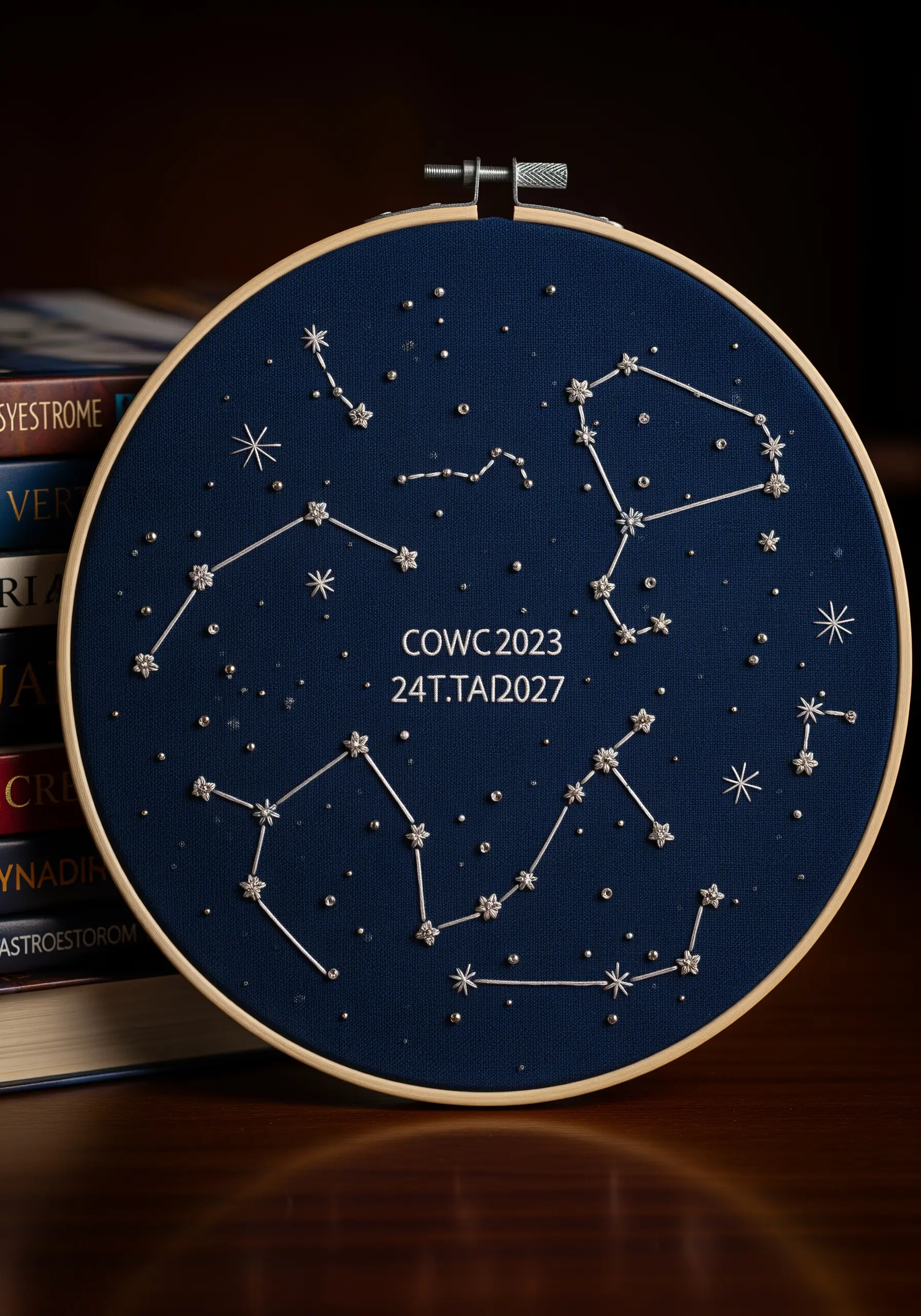 Embroidered constellation map on dark blue fabric with silver thread and beads.