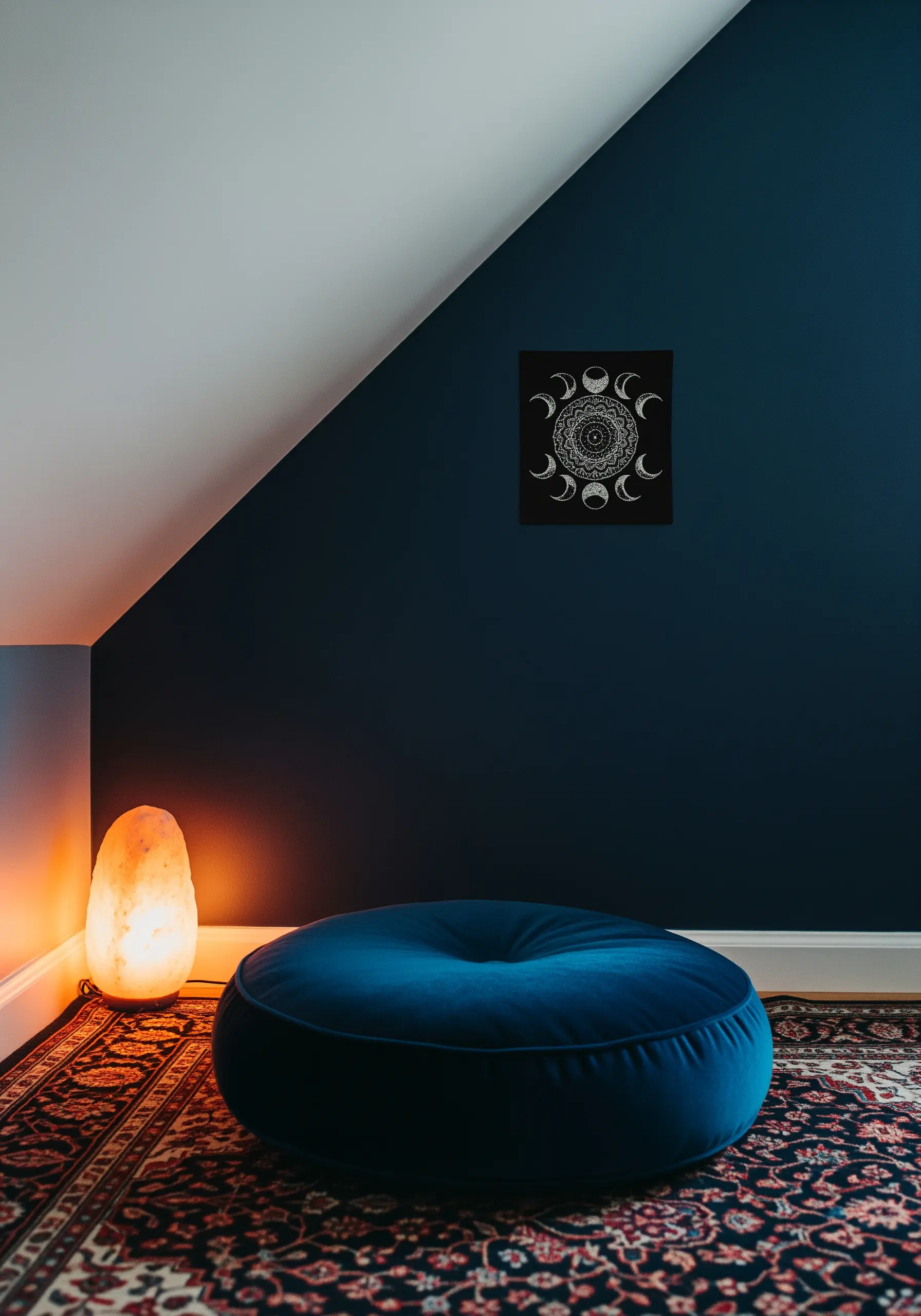 Silver-thread moon phase mandala on a black background.