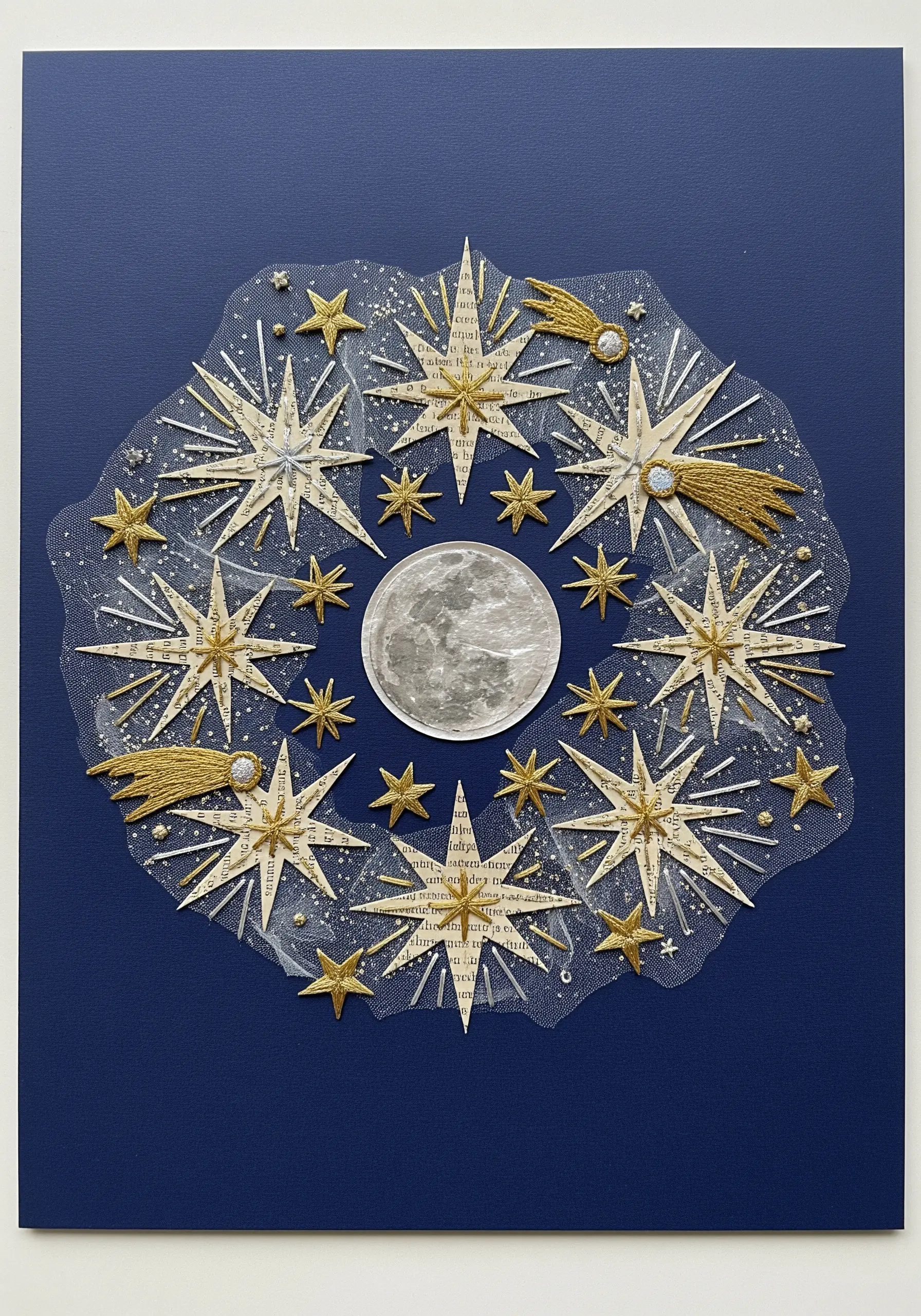 Celestial collage of paper stars on tulle, stitched with gold metallic thread.