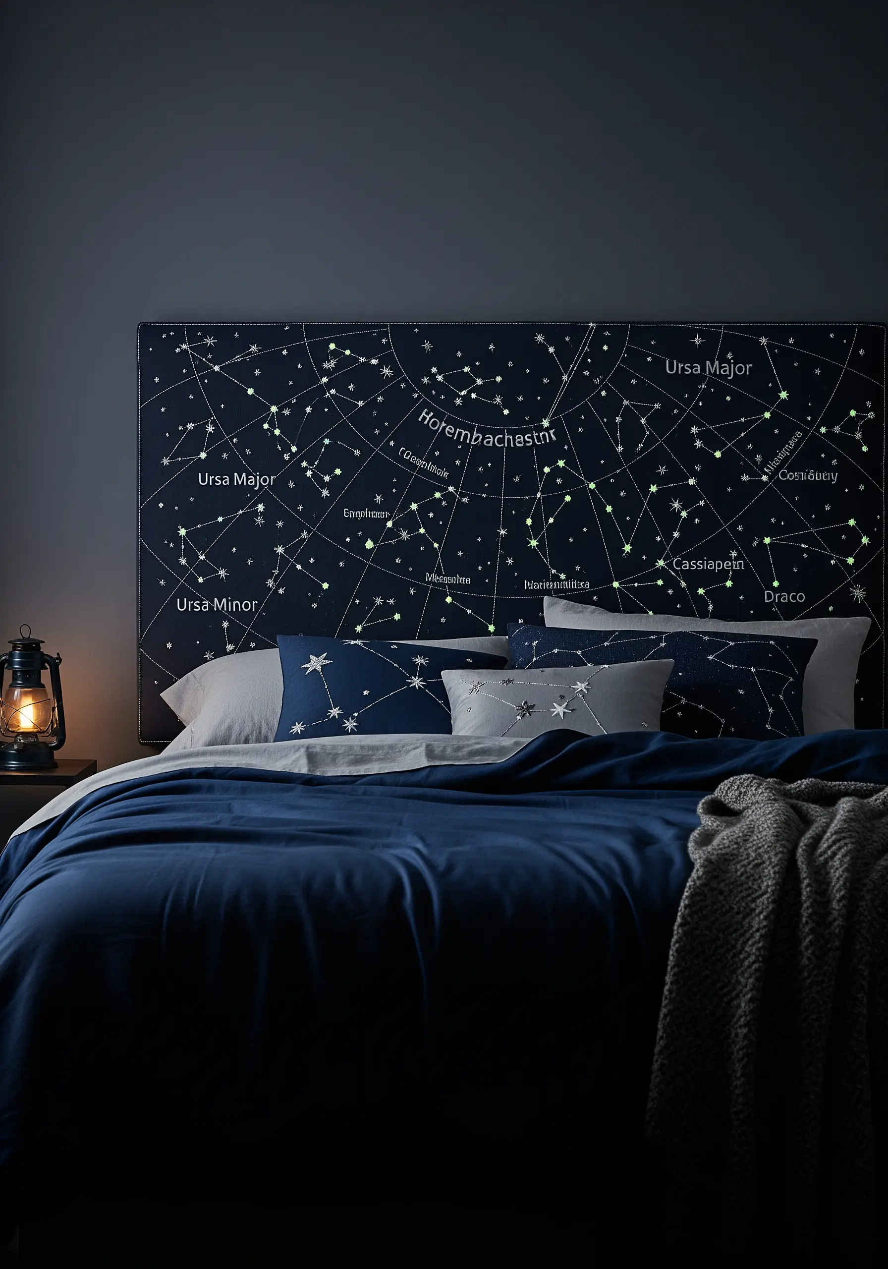 Navy blue headboard embroidered with constellations using glow-in-the-dark thread for the stars.