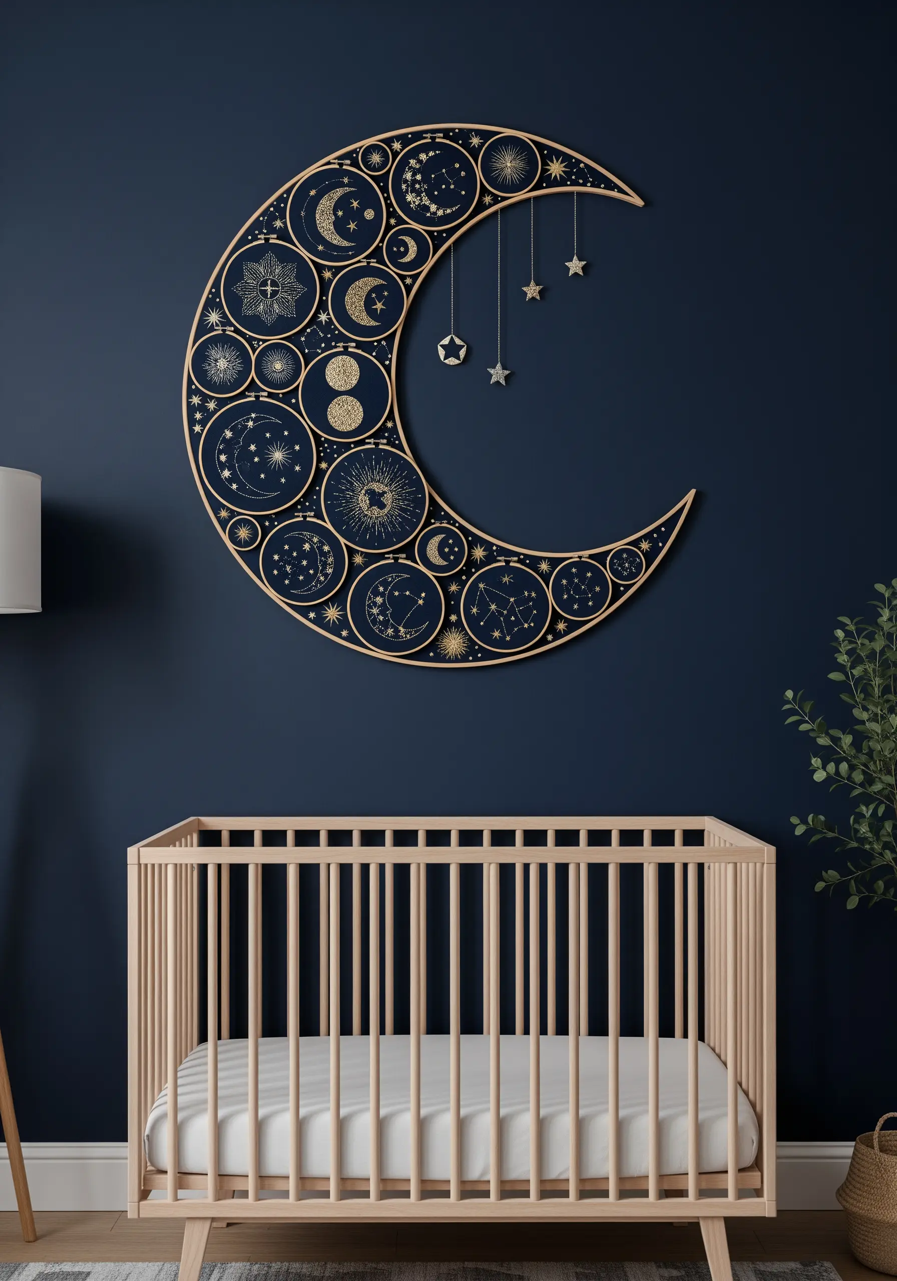 A large crescent moon wall art piece with intricate gold celestial designs over a baby's crib.