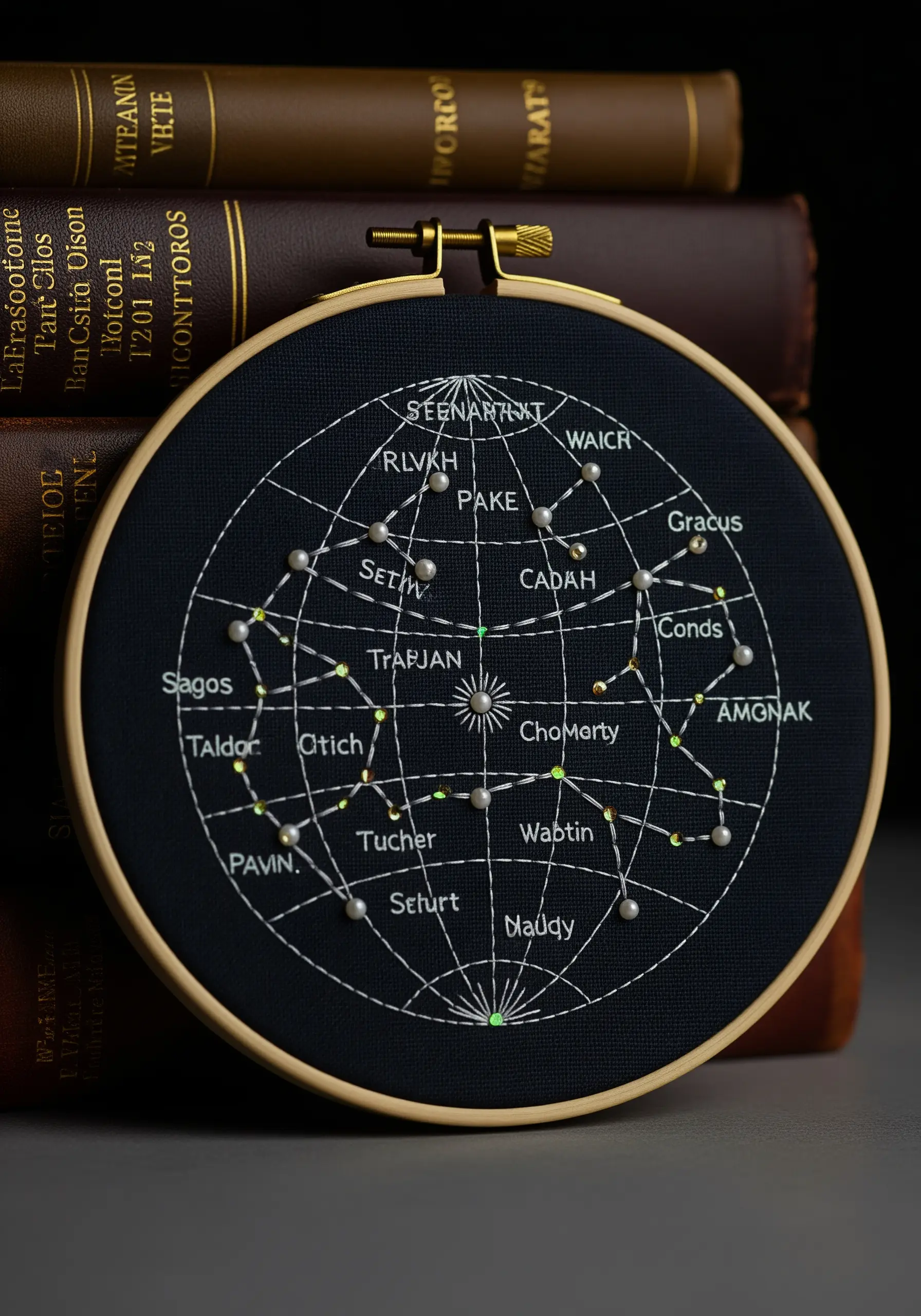 An embroidered constellation map on black fabric in a hoop, using white thread and pearl beads.