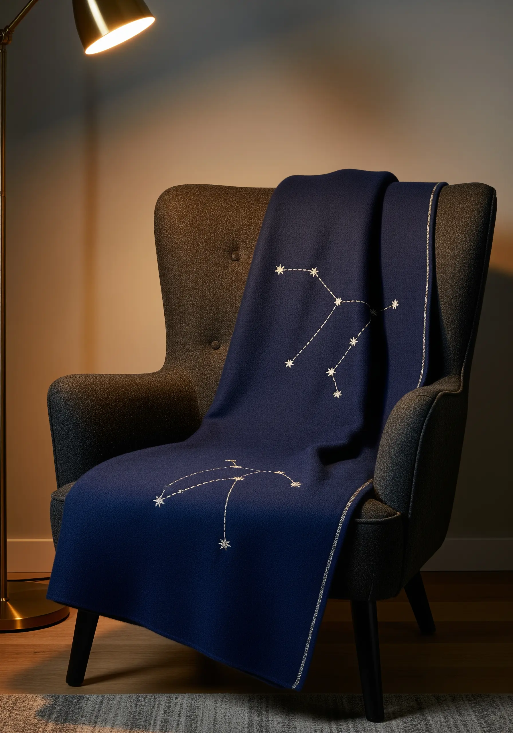 Zodiac constellations embroidered in white running stitch on a navy blue blanket.