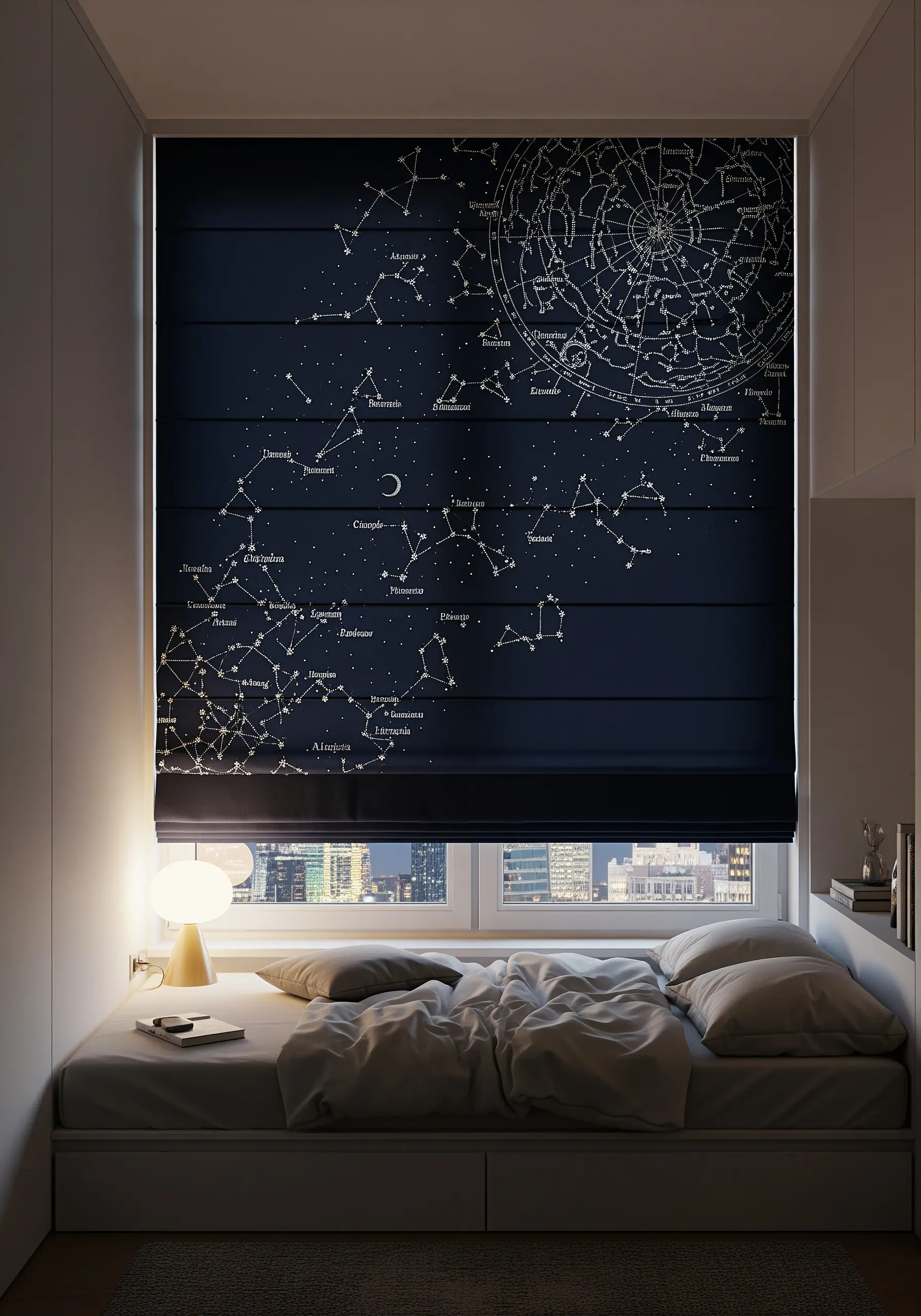 Embroidered constellation map with stars and moon on a dark blue Roman blind.
