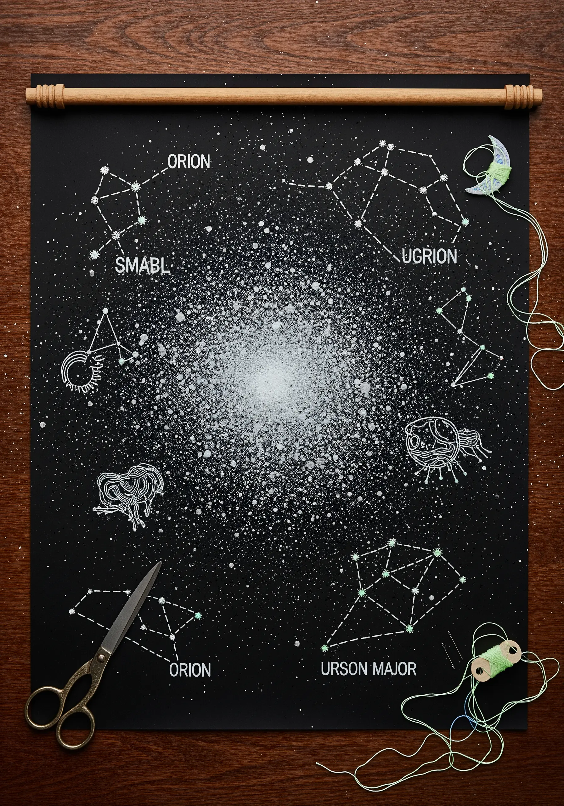 Constellations embroidered on black paper with a white paint splatter galaxy.