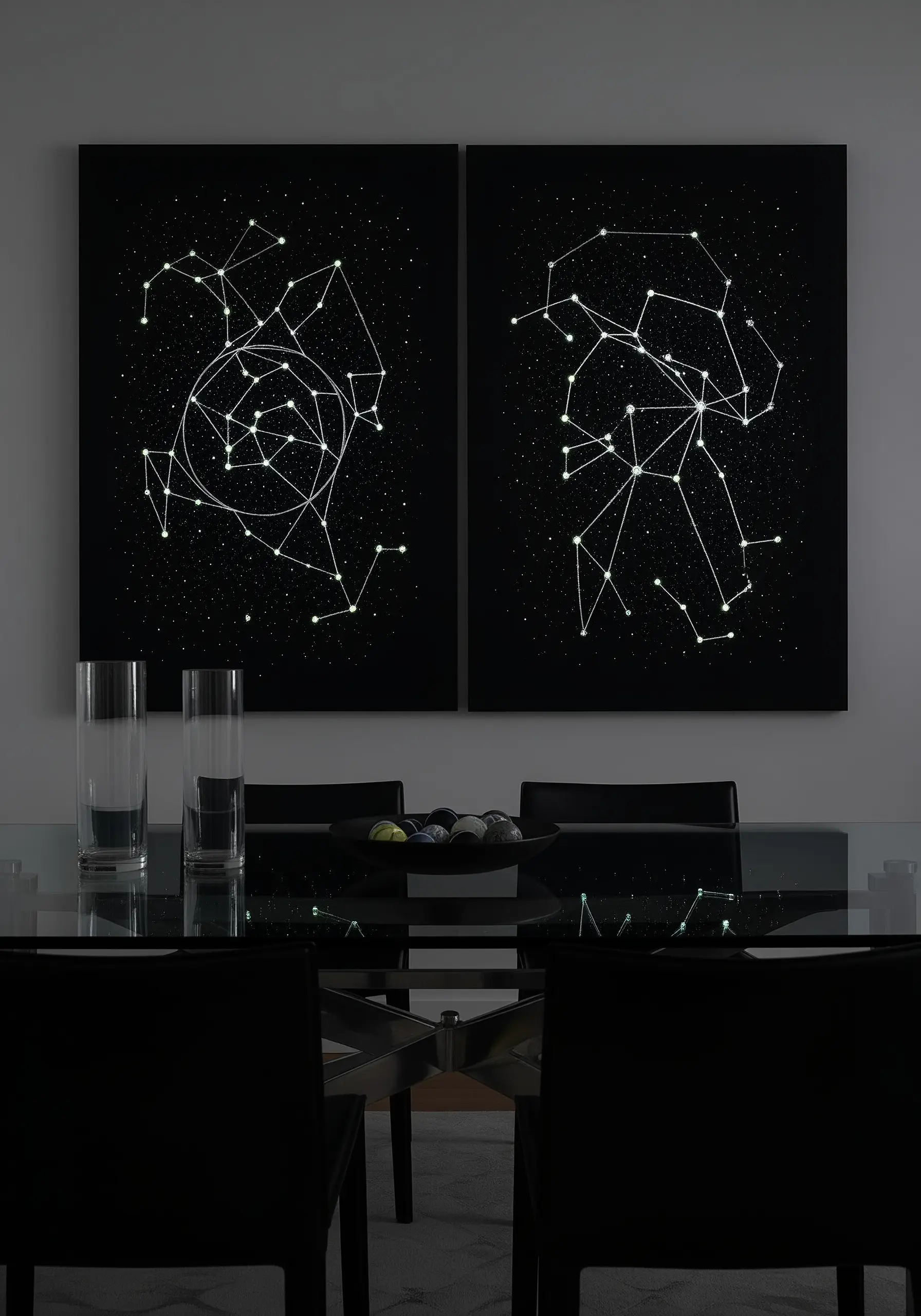 Two black canvases with constellation maps stitched in glow-in-the-dark thread.