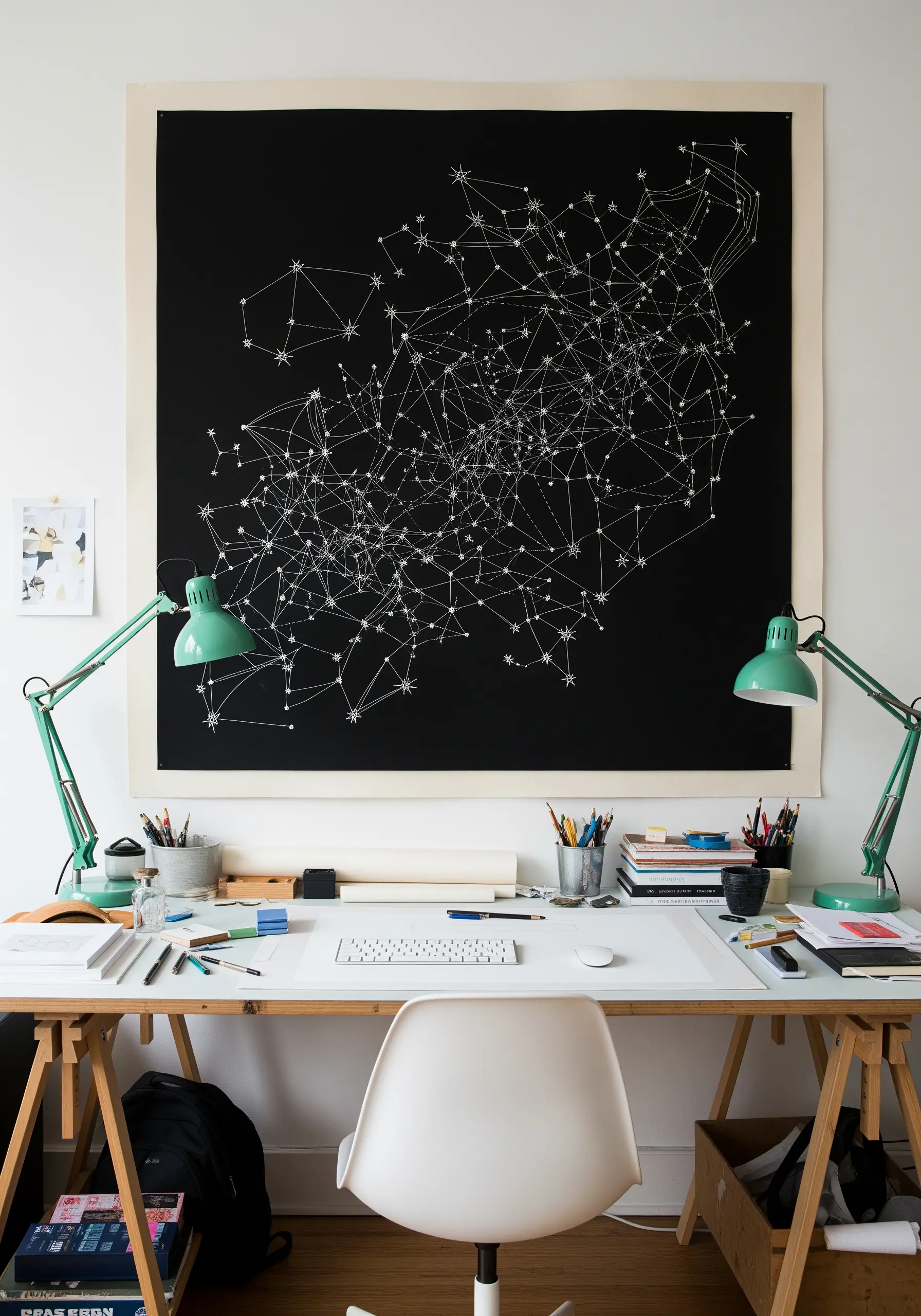 A large black tapestry embroidered with a complex white constellation map over a desk.