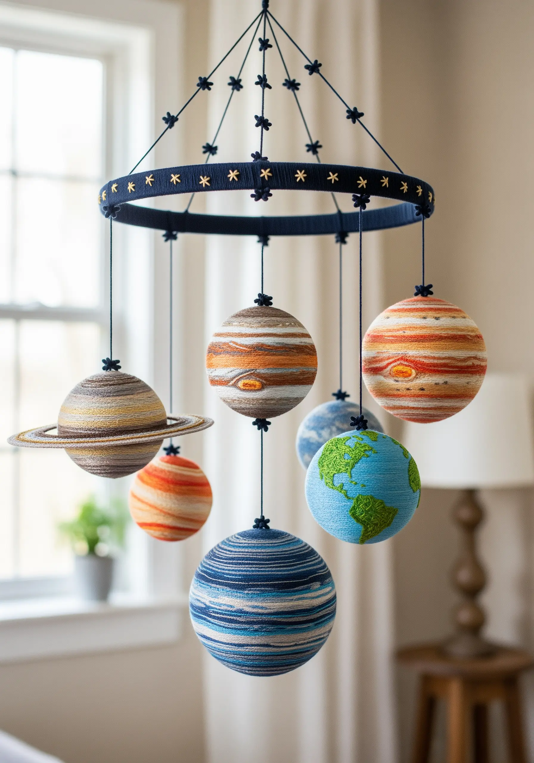 A nursery mobile with planets made from colorful embroidery floss wrapped around spheres.