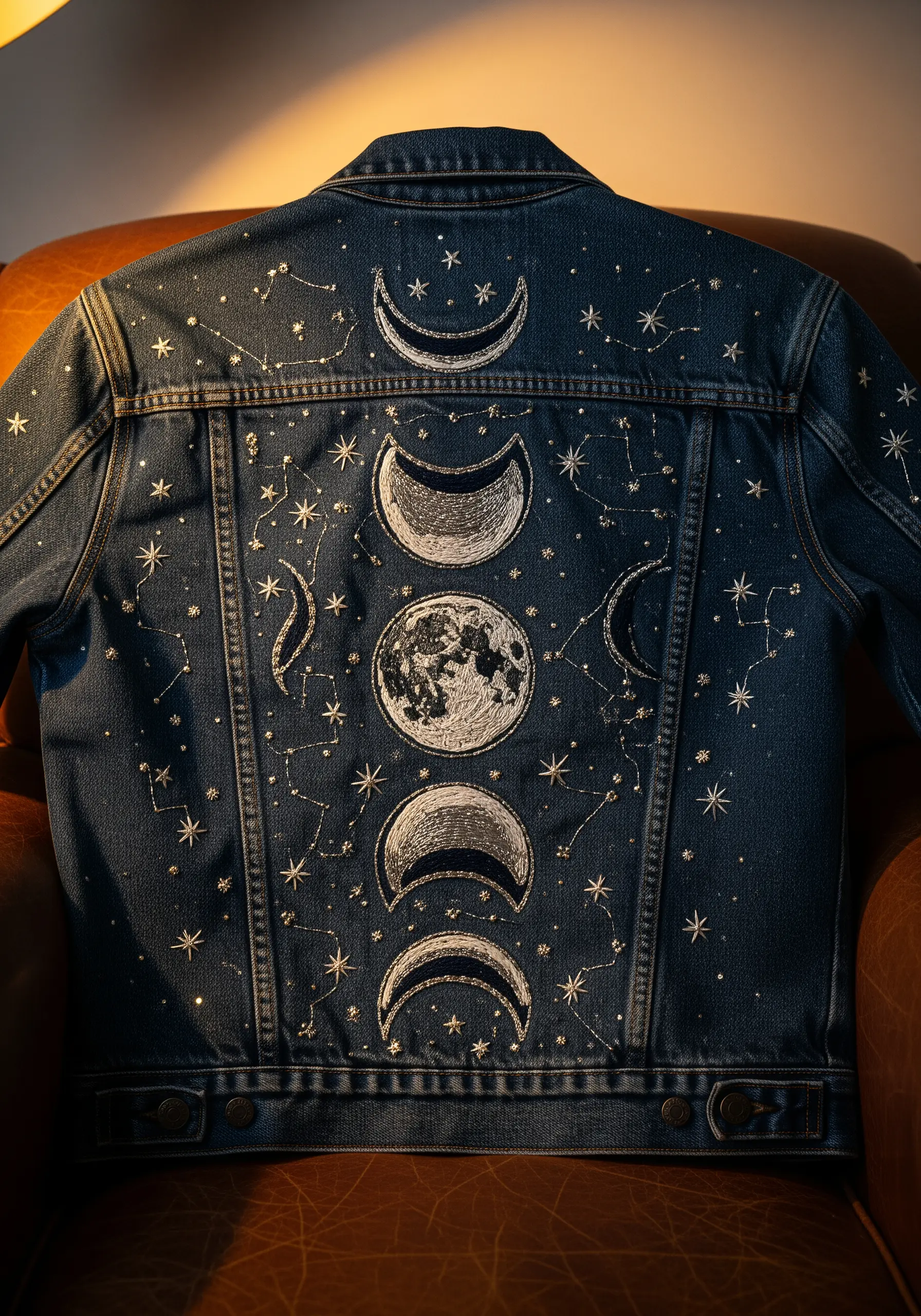 Embroidered moon phases and constellations using metallic thread on the back of a denim jacket.