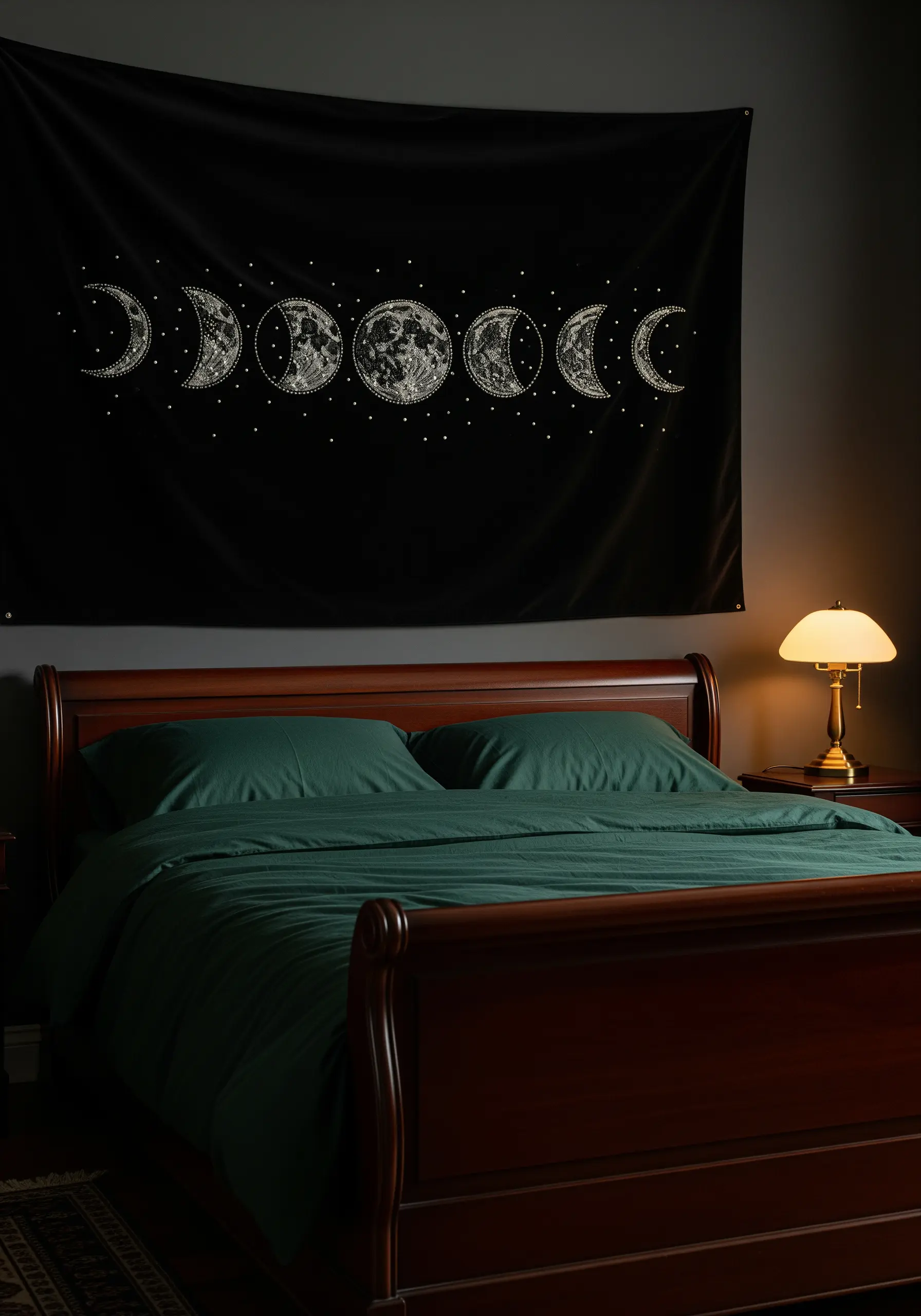 Embroidered tapestry of the moon phases in white thread on a black background.