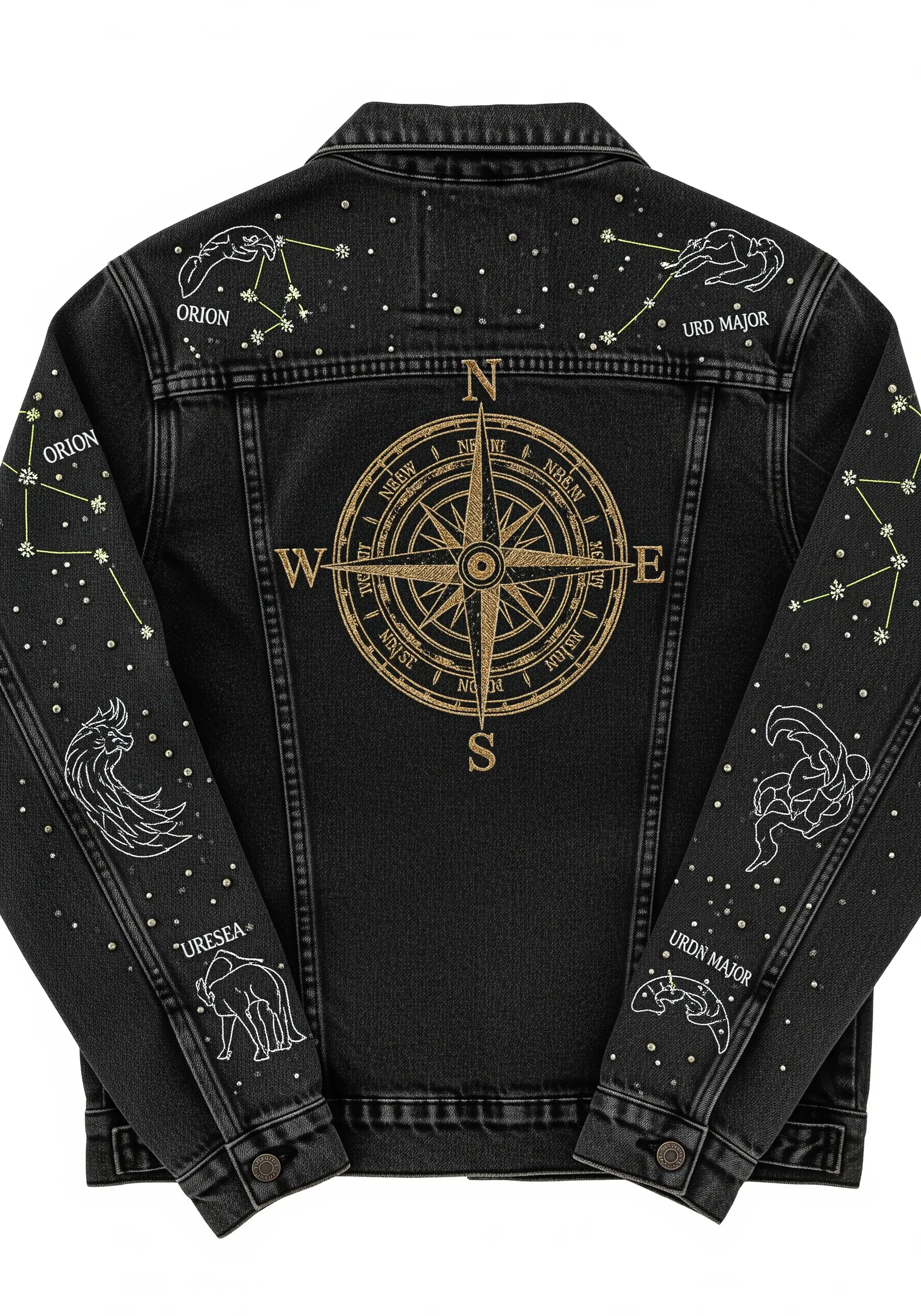 Embroidered constellations and a compass rose on a black denim jacket.