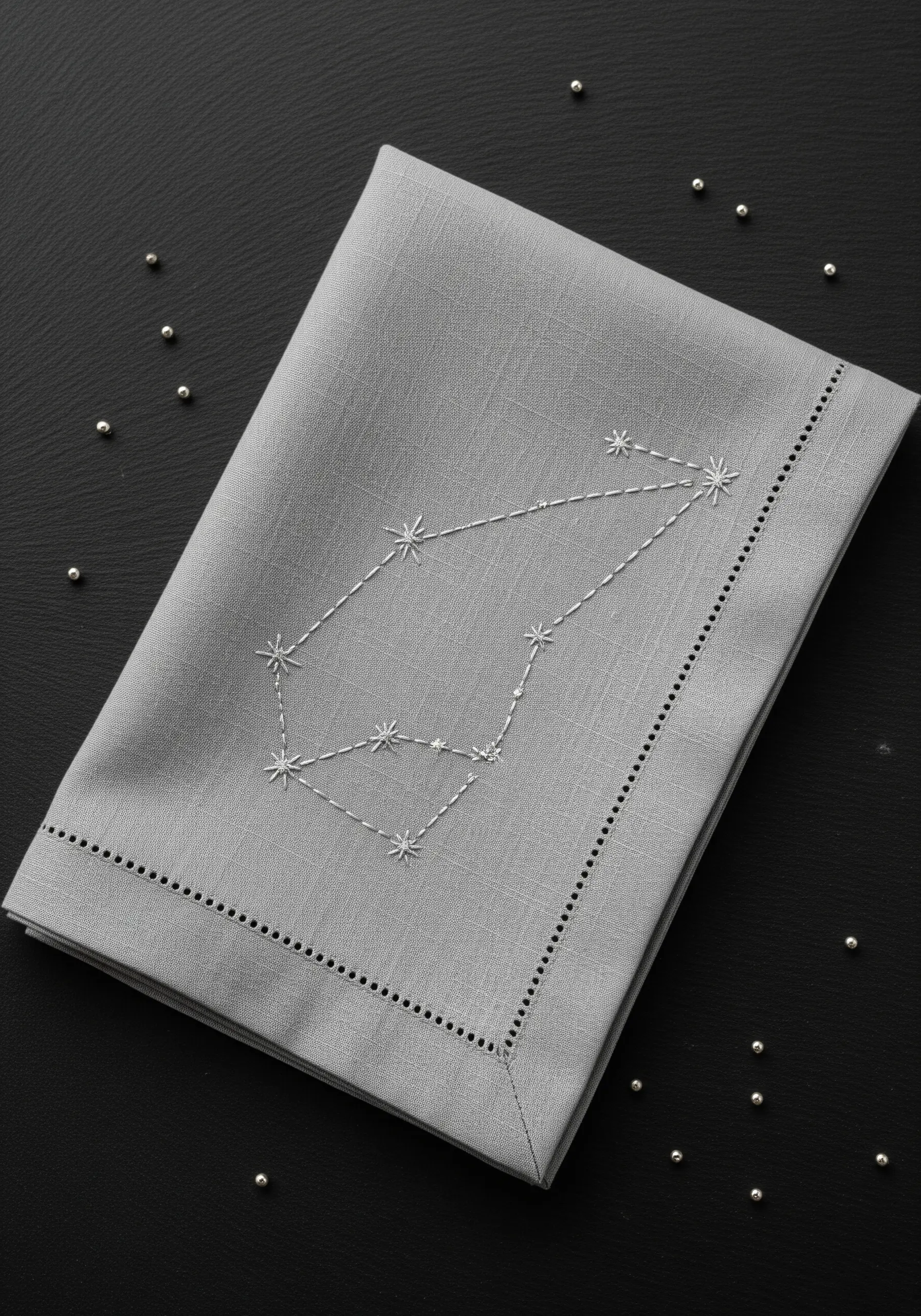 Embroidered constellation with star stitches and backstitch on a grey linen napkin.