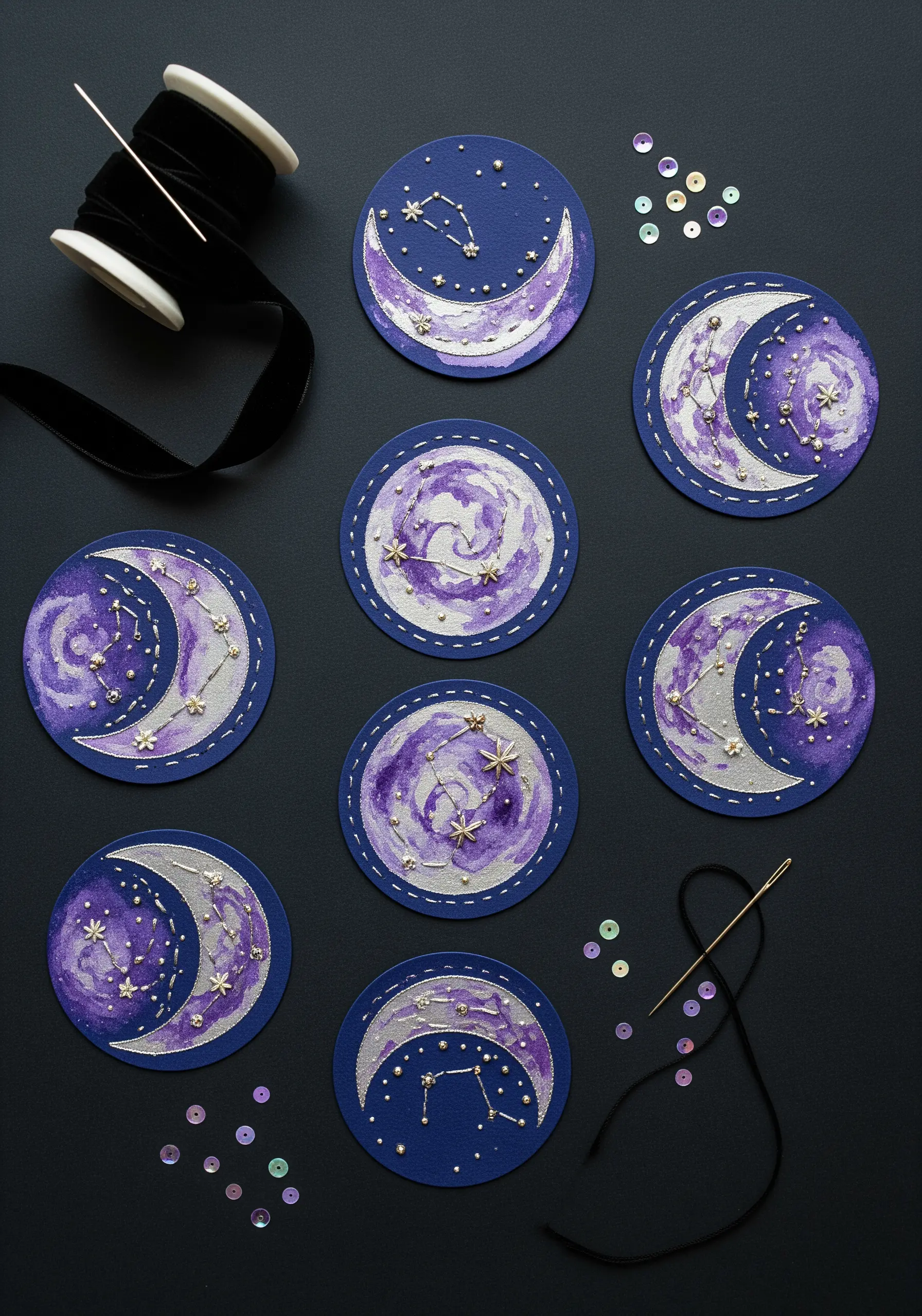 Hand-stitched constellation patches on purple watercolor paper with metallic thread.