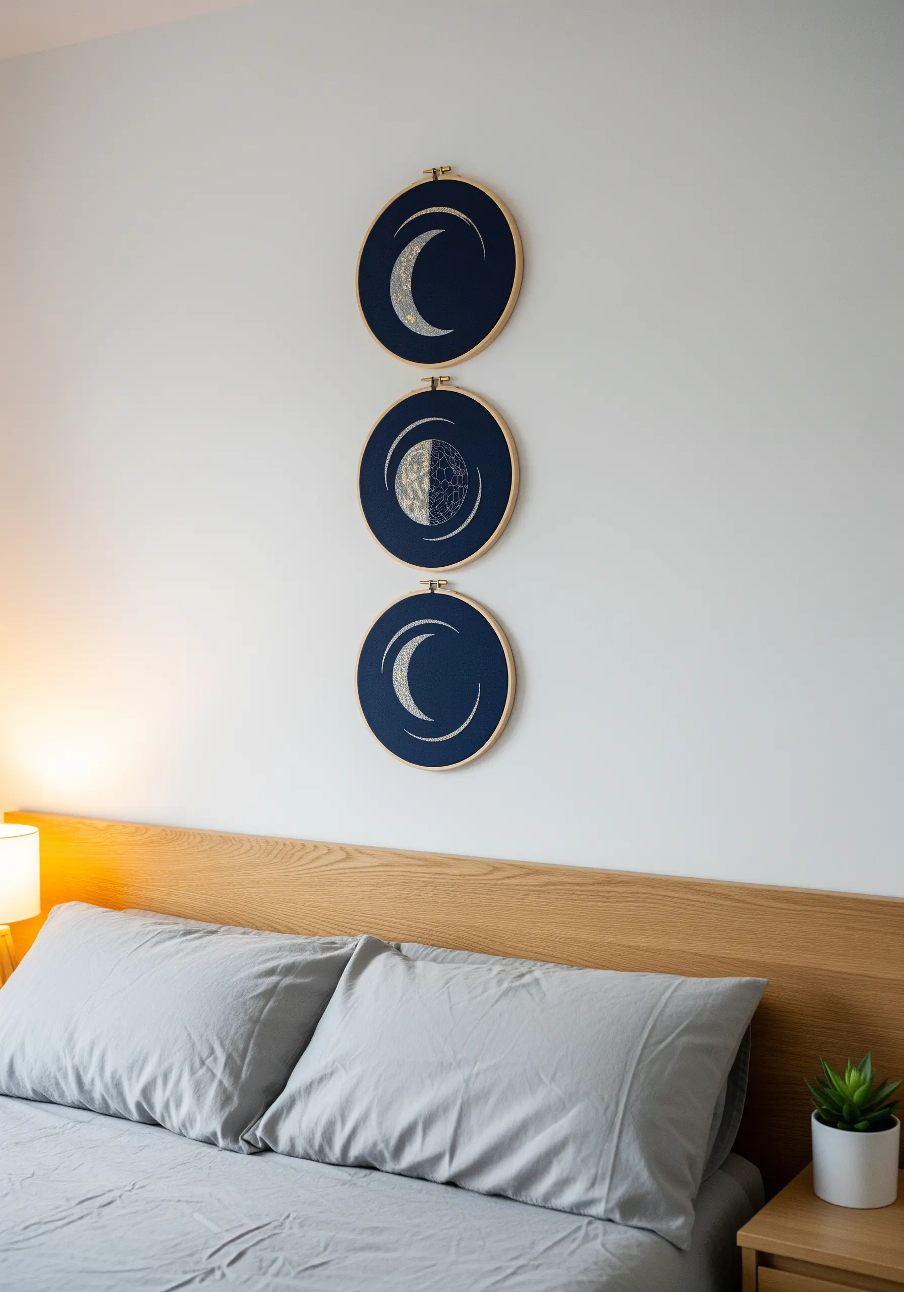 Three embroidery hoops with moon phases stitched in silver on navy fabric, hanging vertically.