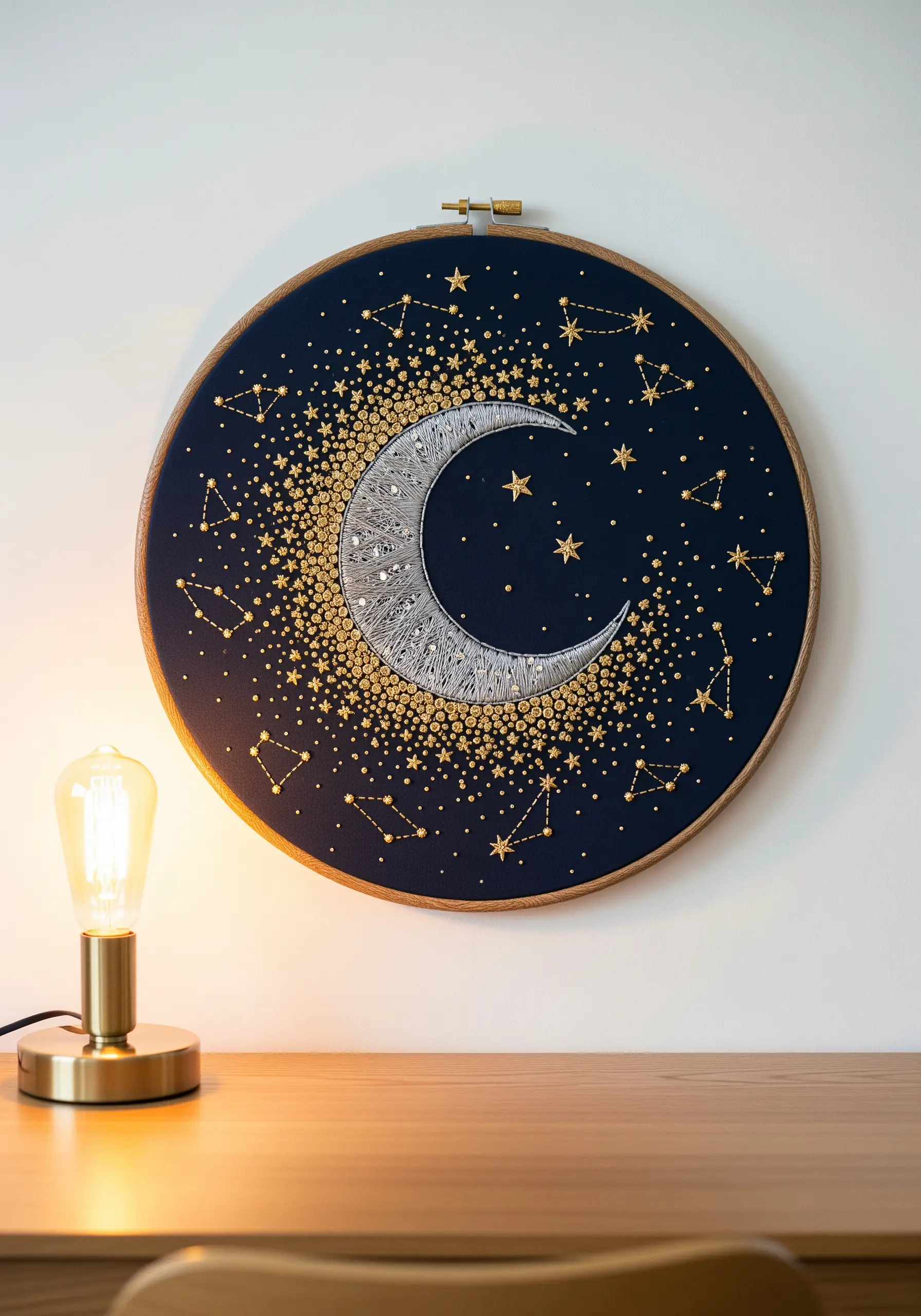 Intricate crescent moon embroidery with metallic gold stars and constellations on dark navy fabric.