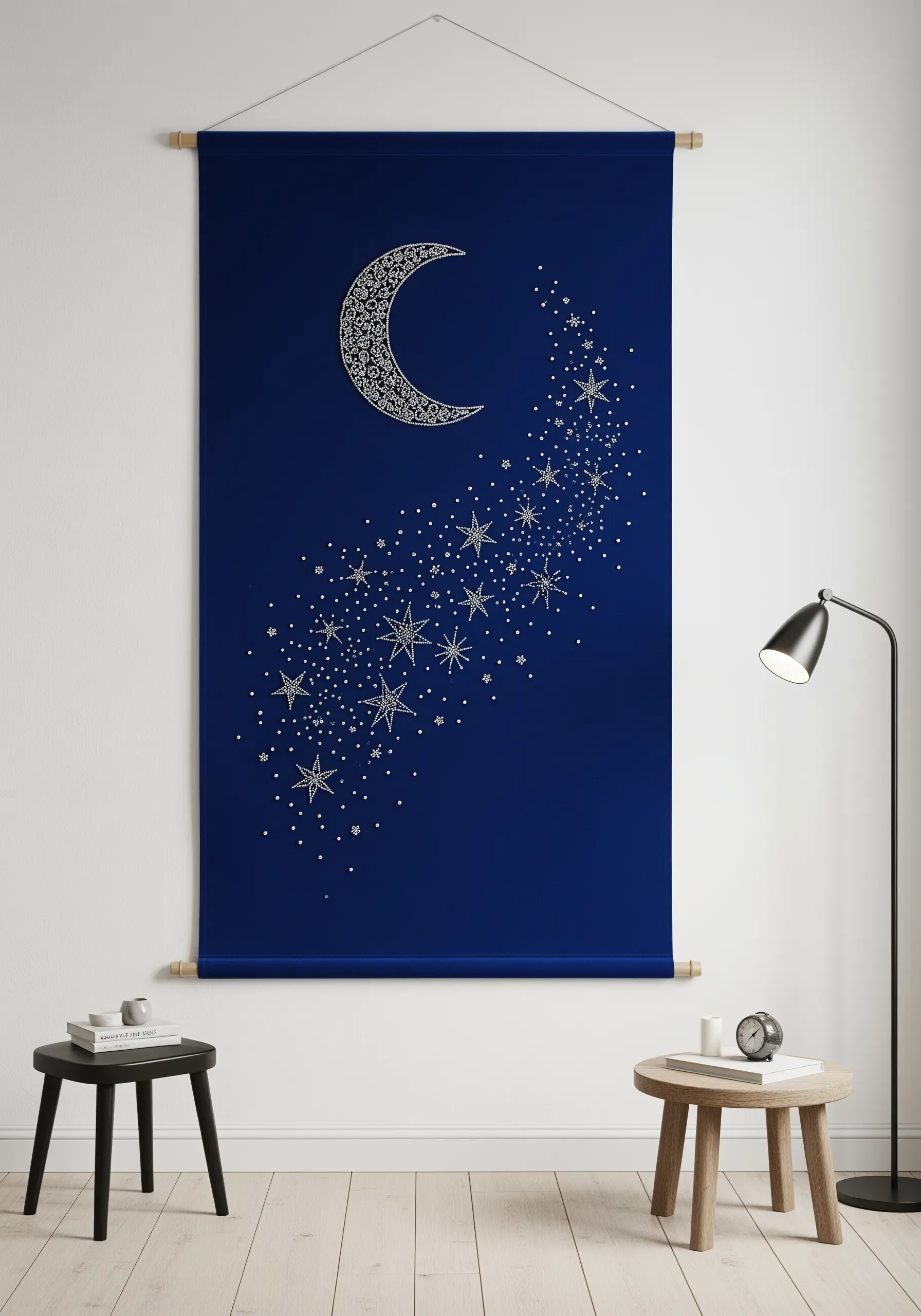 A navy blue wall hanging with an embroidered crescent moon and a cascade of stars.