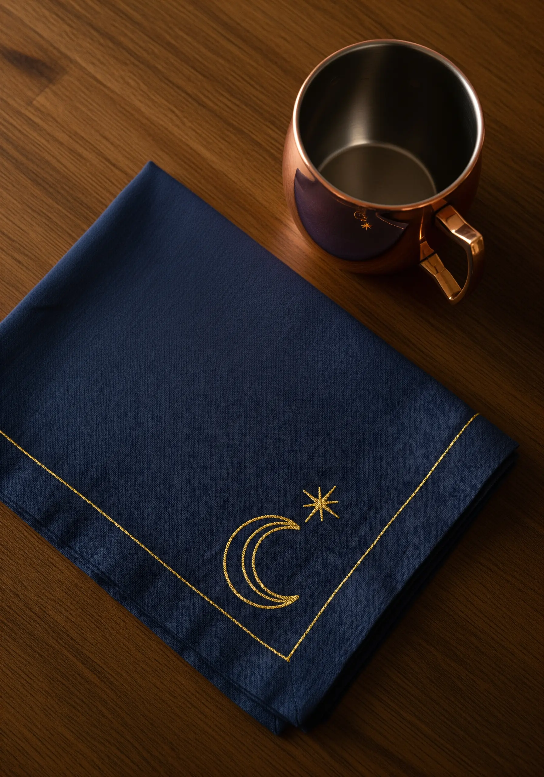 Gold embroidered crescent moon and star with a matching border on a navy napkin.