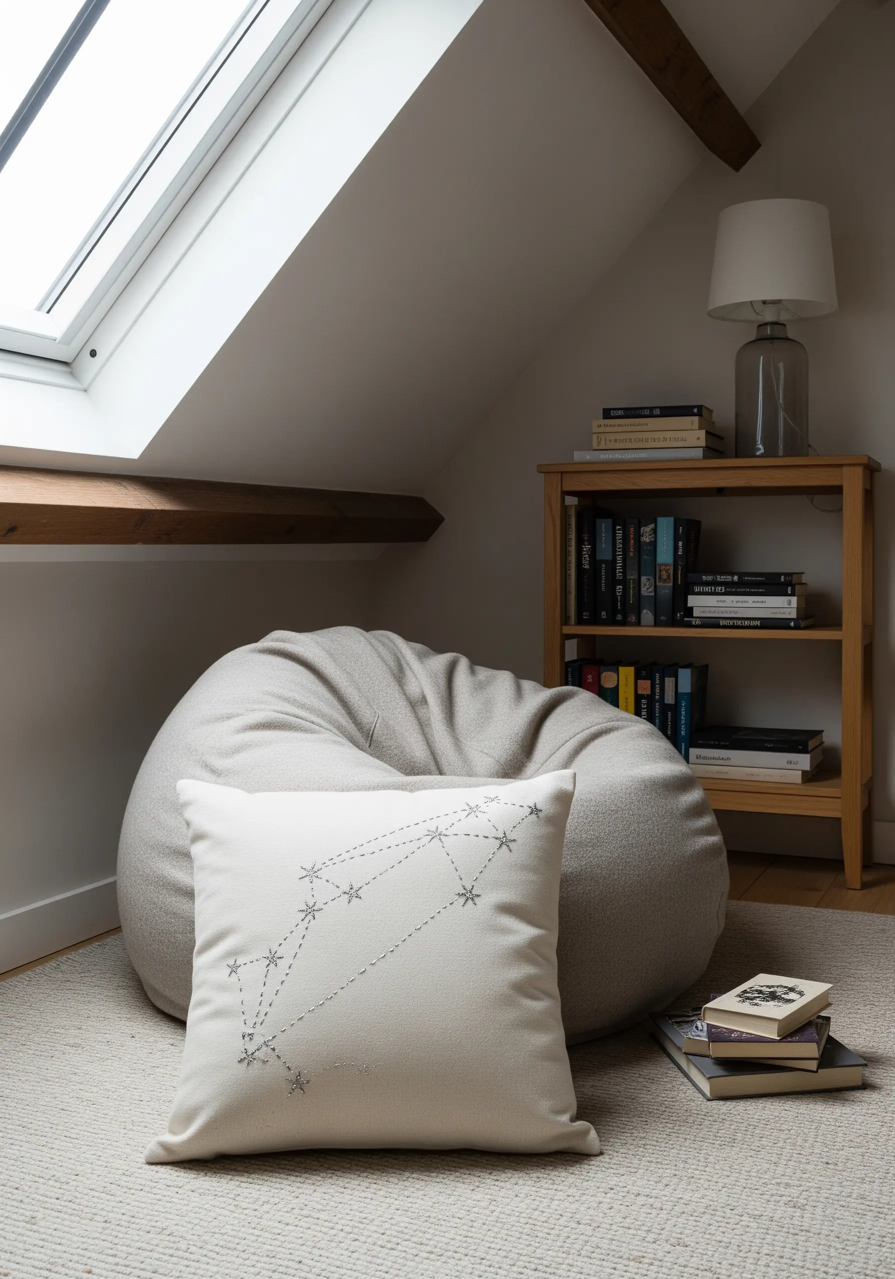 A constellation pattern embroidered with silvery thread on a cream pillow.