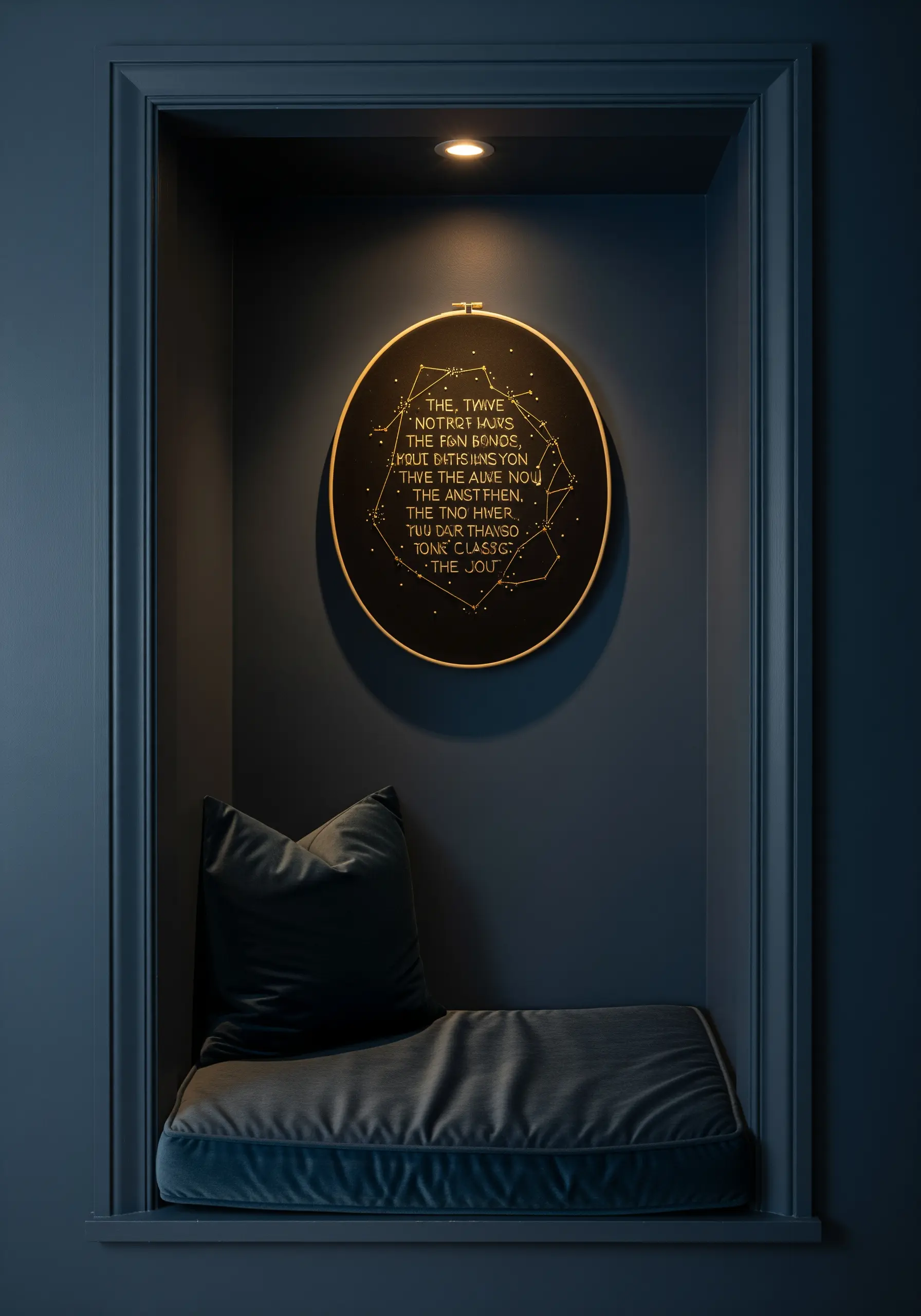 Gold metallic thread embroidery on black fabric depicting constellations and text in a dark nook.