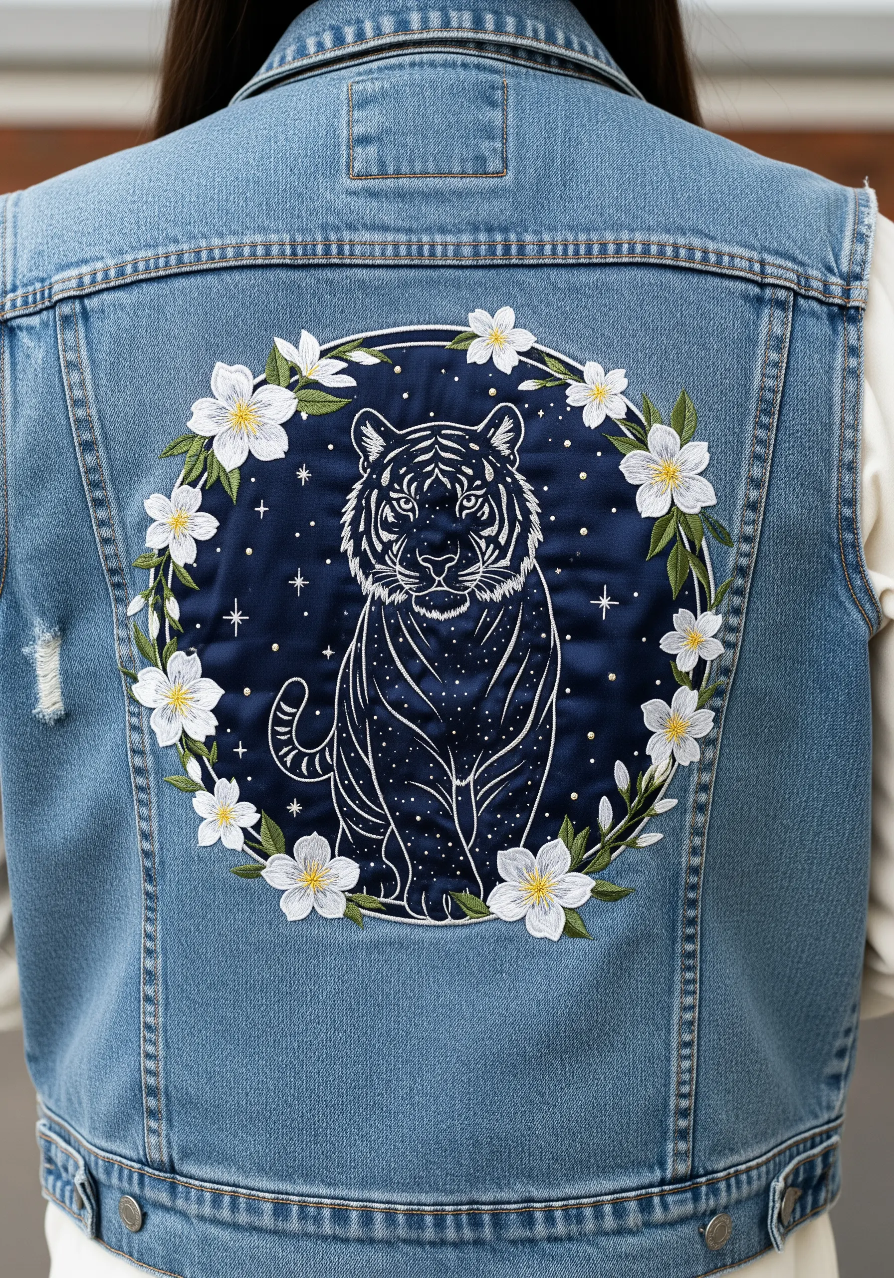 White line art tiger on a navy satin patch, surrounded by a floral wreath on a denim vest.