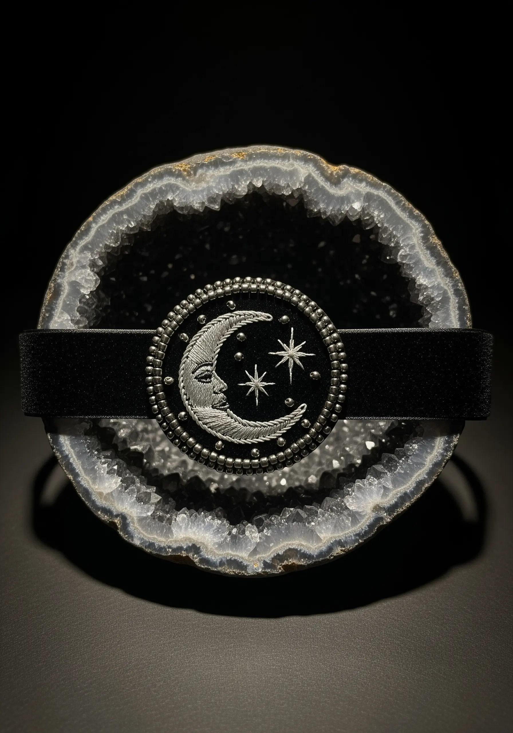 A celestial moon and stars motif embroidered in silver thread and beads, centered on a black velvet choker.