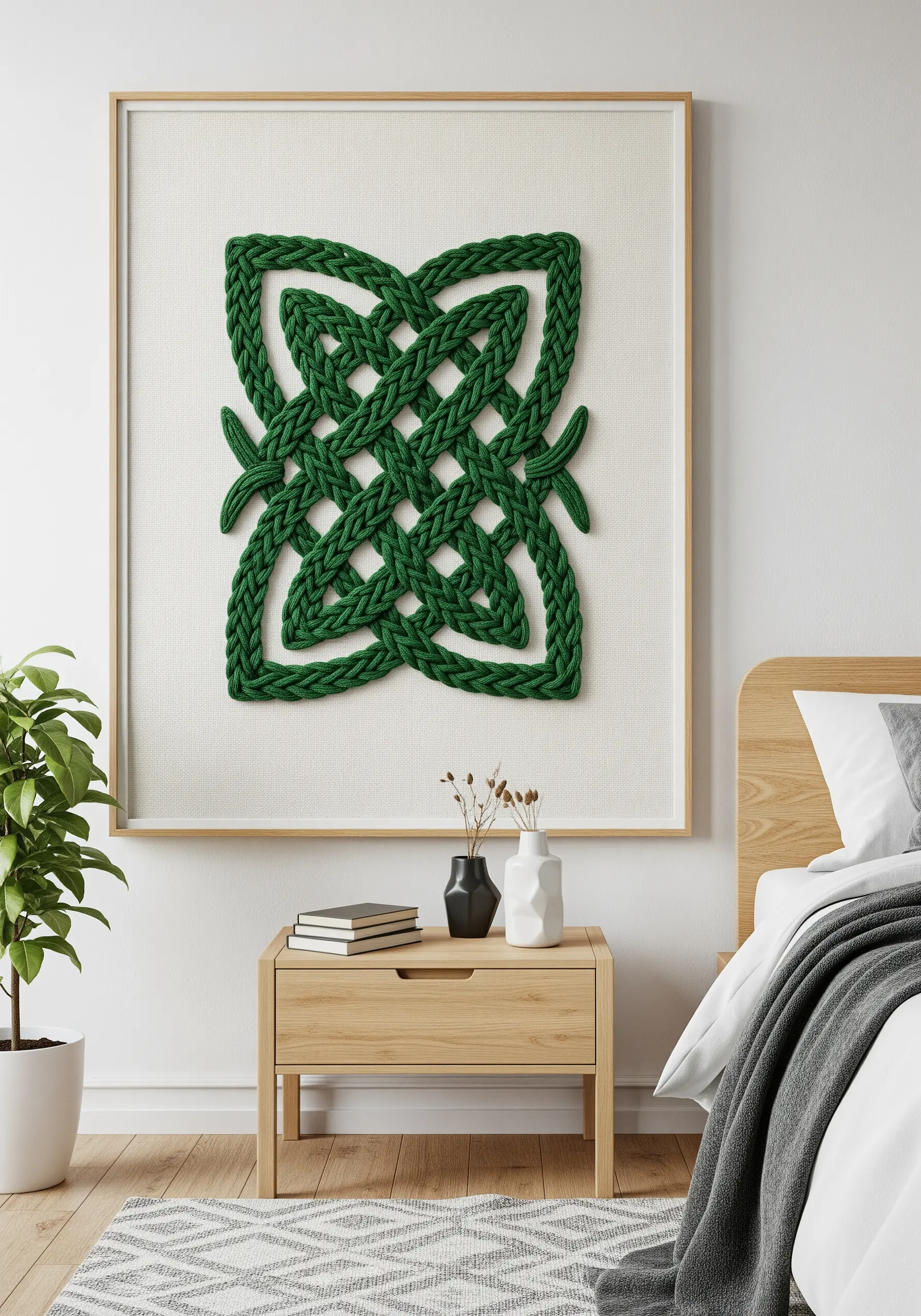 A large framed artwork featuring a green 3D Celtic knot made from braided cord.