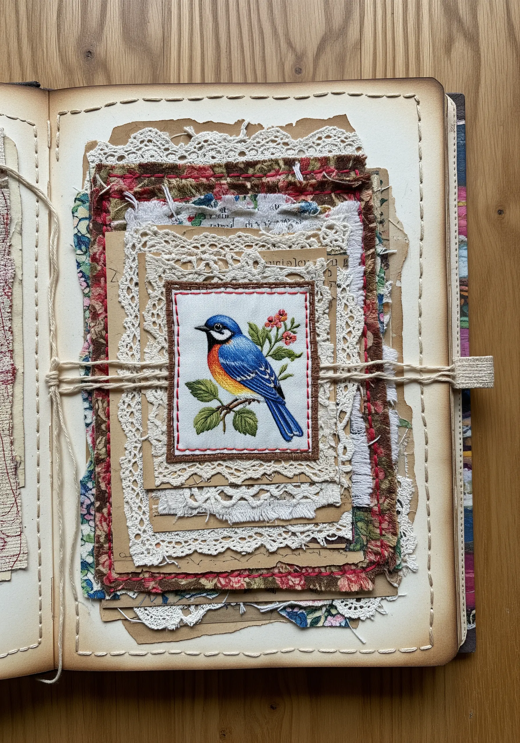 Layered fabric collage in a junk journal with a central embroidered bluebird patch.