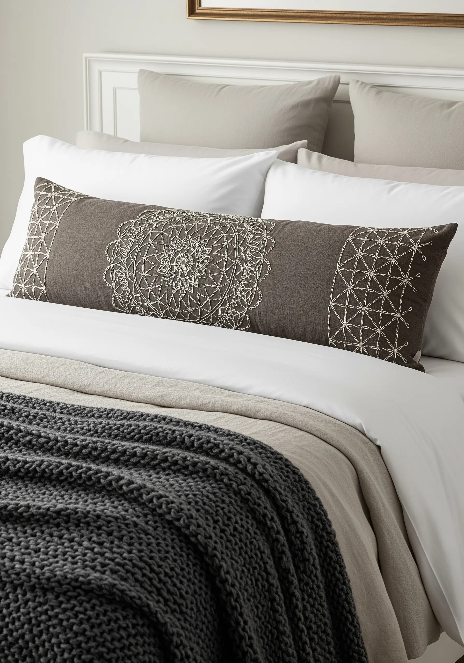 A long charcoal pillow with an intricate, white-thread mandala embroidered in the center.