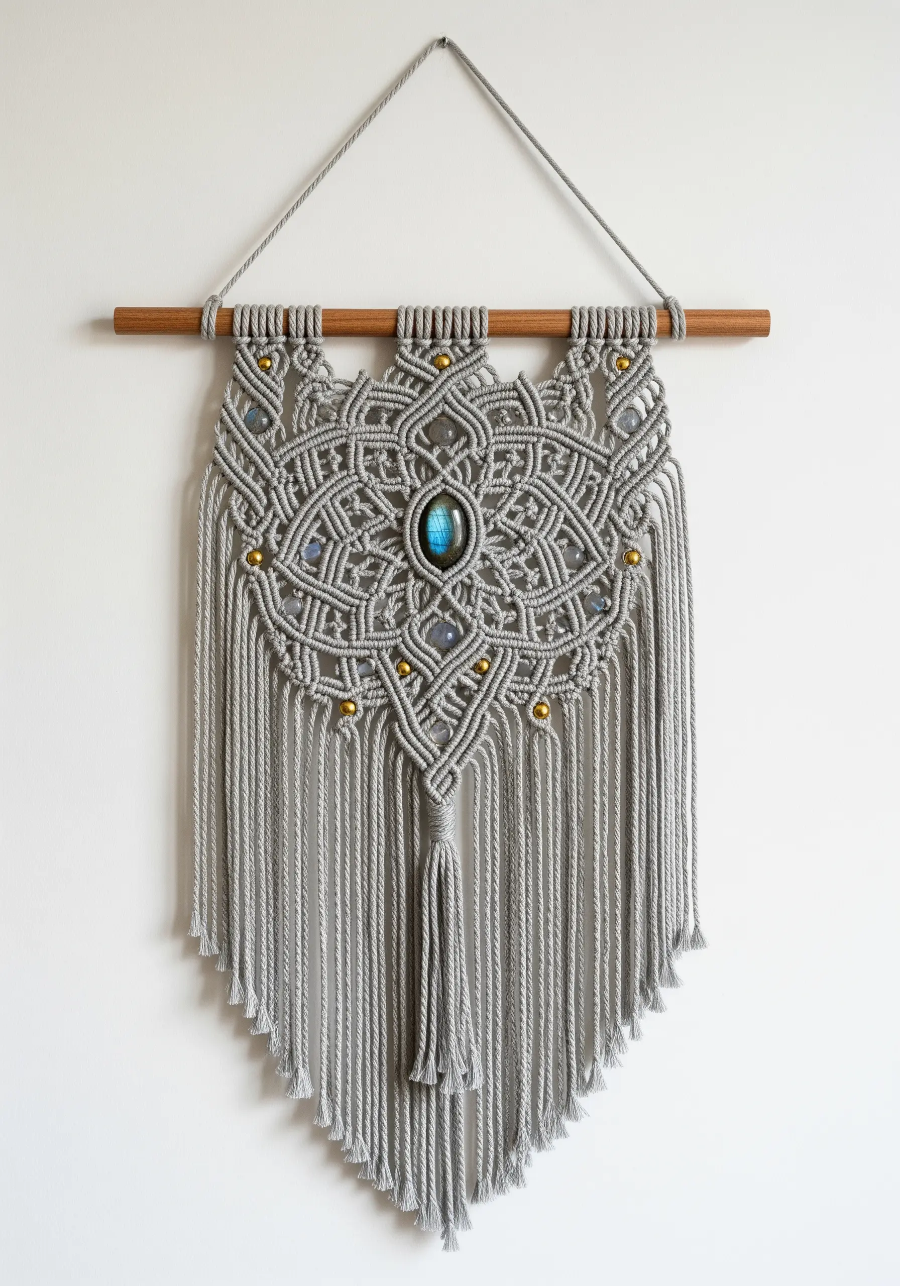 A detailed gray macrame wall hanging with a large, polished labradorite gemstone at its center.