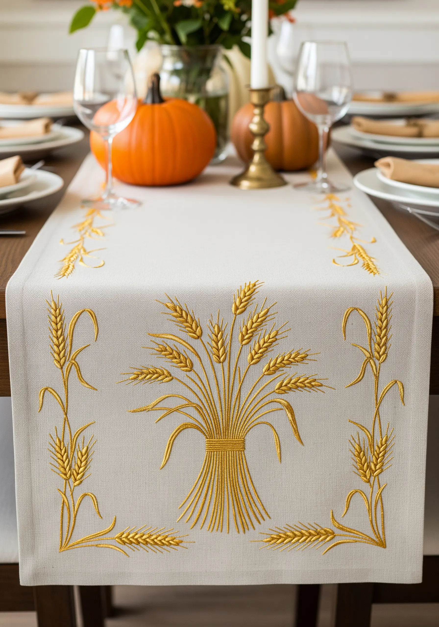A natural linen table runner with a central motif of a wheat sheaf embroidered in gold.