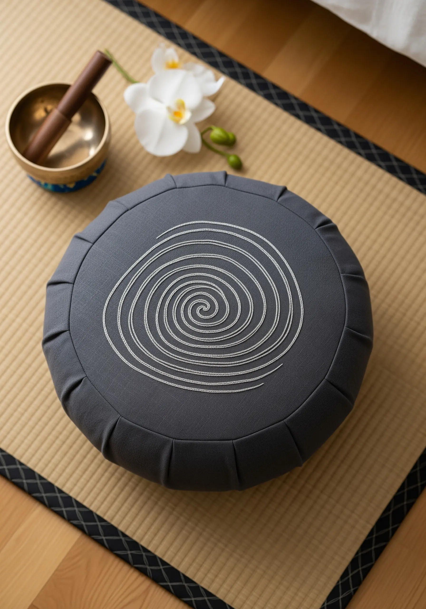A simple white embroidered spiral on a round grey meditation cushion.
