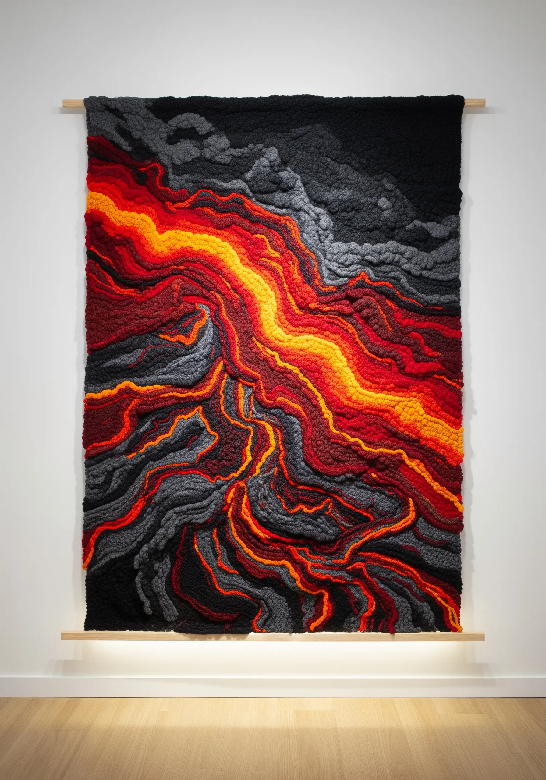 A large punch needle wall hanging depicting a fiery lava flow in red, orange, yellow, and black.