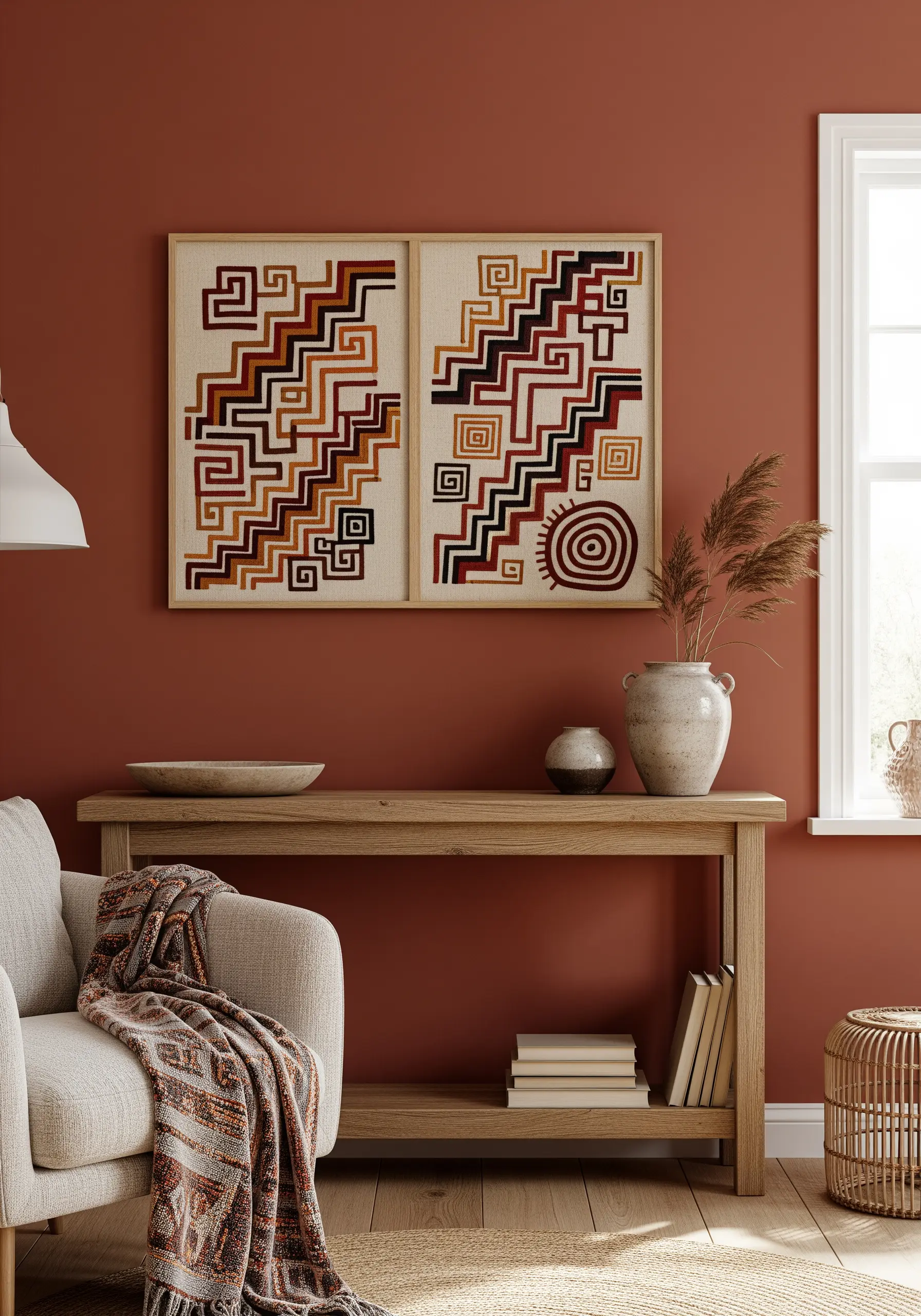 A pair of framed embroideries with geometric step patterns in an earthy, terracotta color palette.