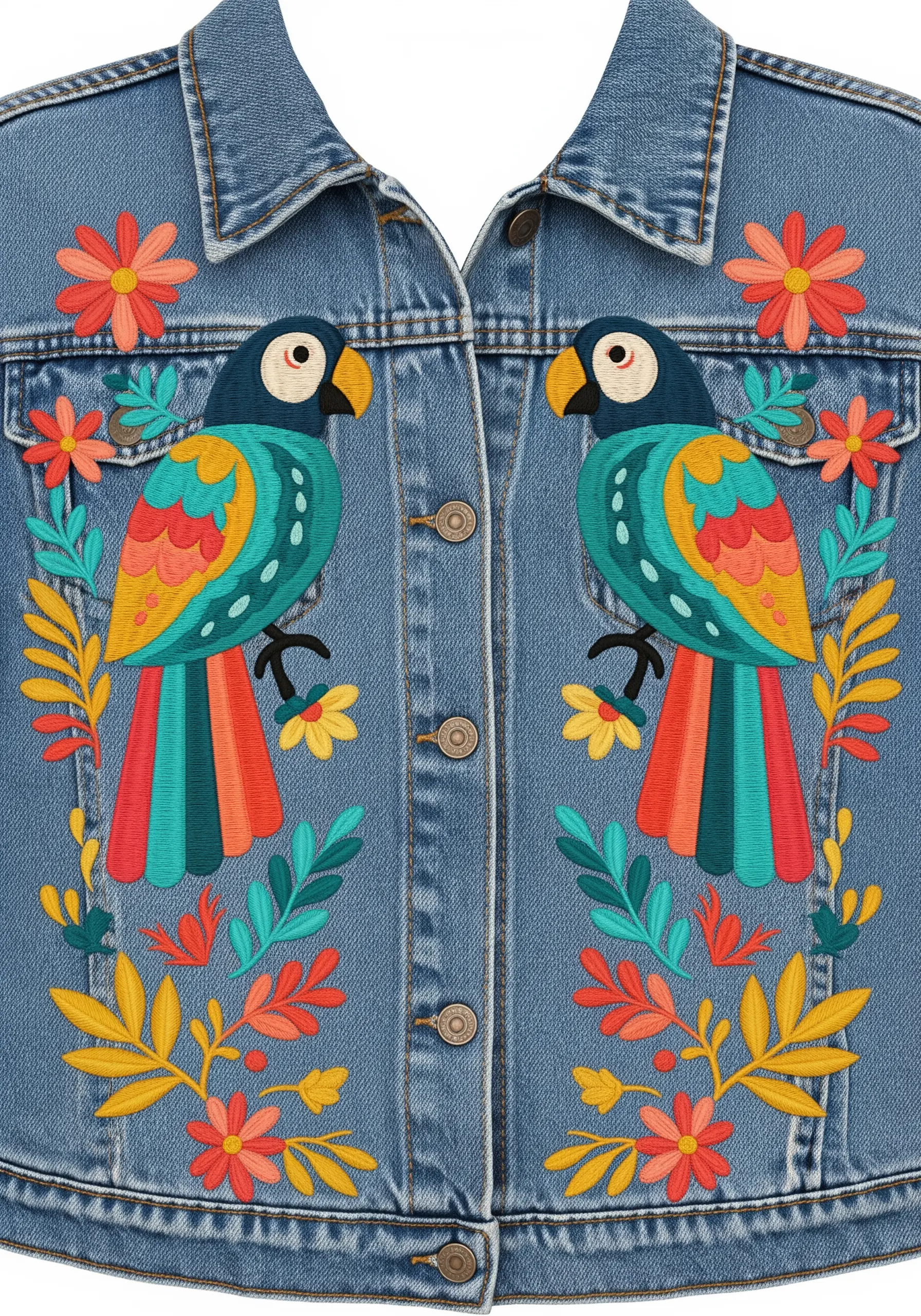 Two stylized, folk-art-style parrots facing each other on the front of a denim jacket.