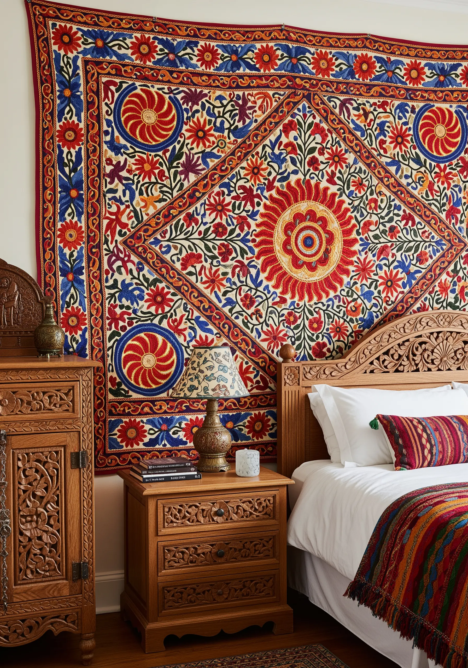 A large, colorful Suzani-style embroidered tapestry with floral and geometric motifs.